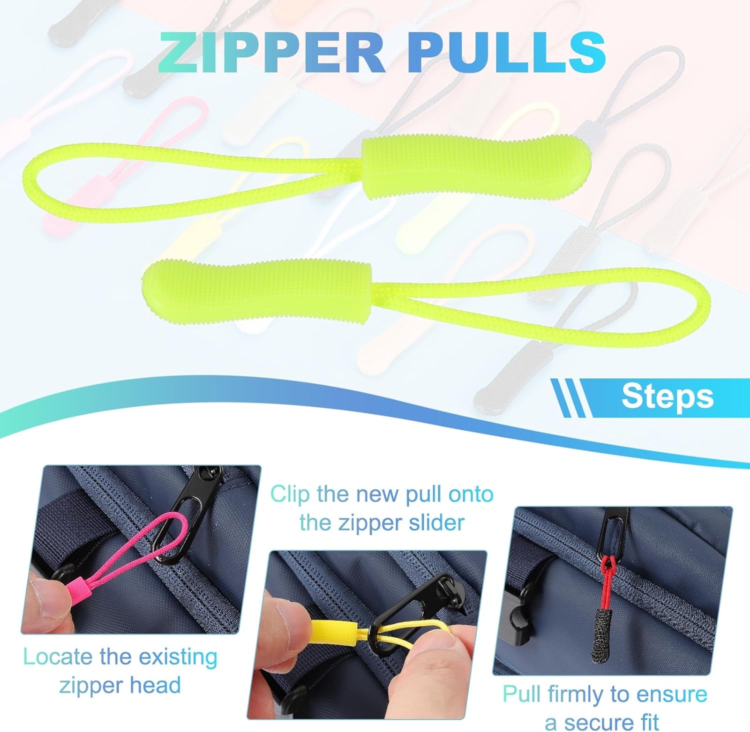 PATIKIL 2.6 Inch Zipper Pulls Replacement, 100 Pcs Nylon Cord Extension Zipper Pull Tab Tags for Handbag Backpacks Jackets Luggage Purses, Bright Green