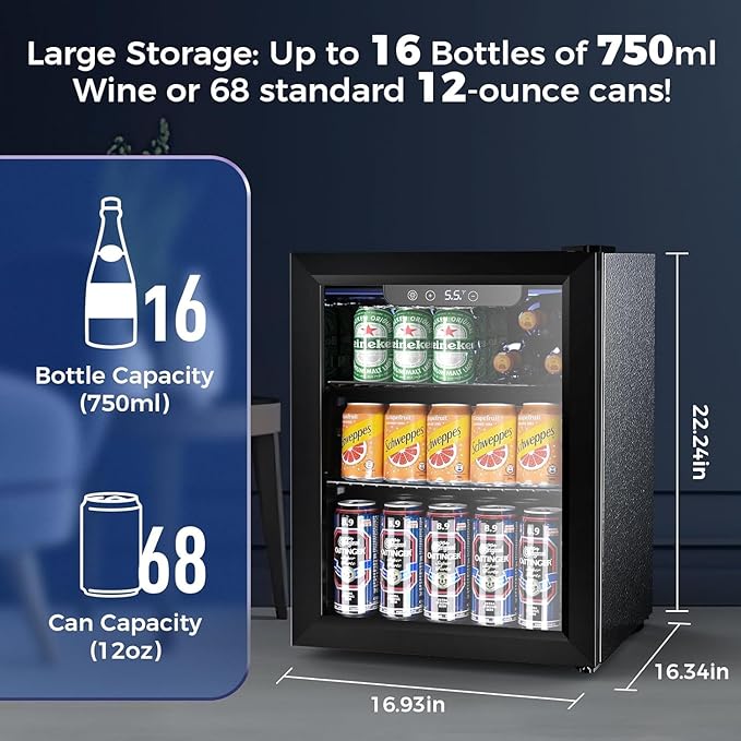 Electactic 1.7 Cu.ft Beverage Refrigerator Cooler, 68 Can Mini Fridge Glass Door