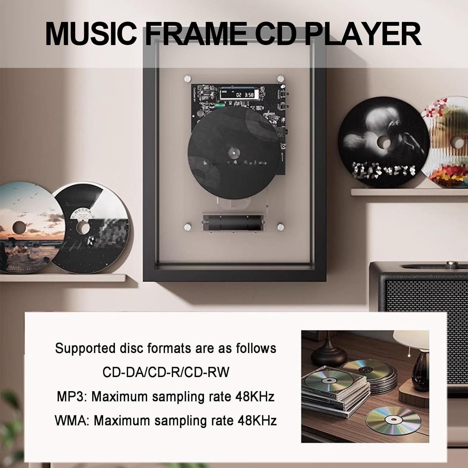 Montabile a parete lettore CD cornice fotografica decorativa, Bluetooth 5.0, uscita AUX, telecomando, perfetto per casa, ufficio e corridoio, cornice musicale