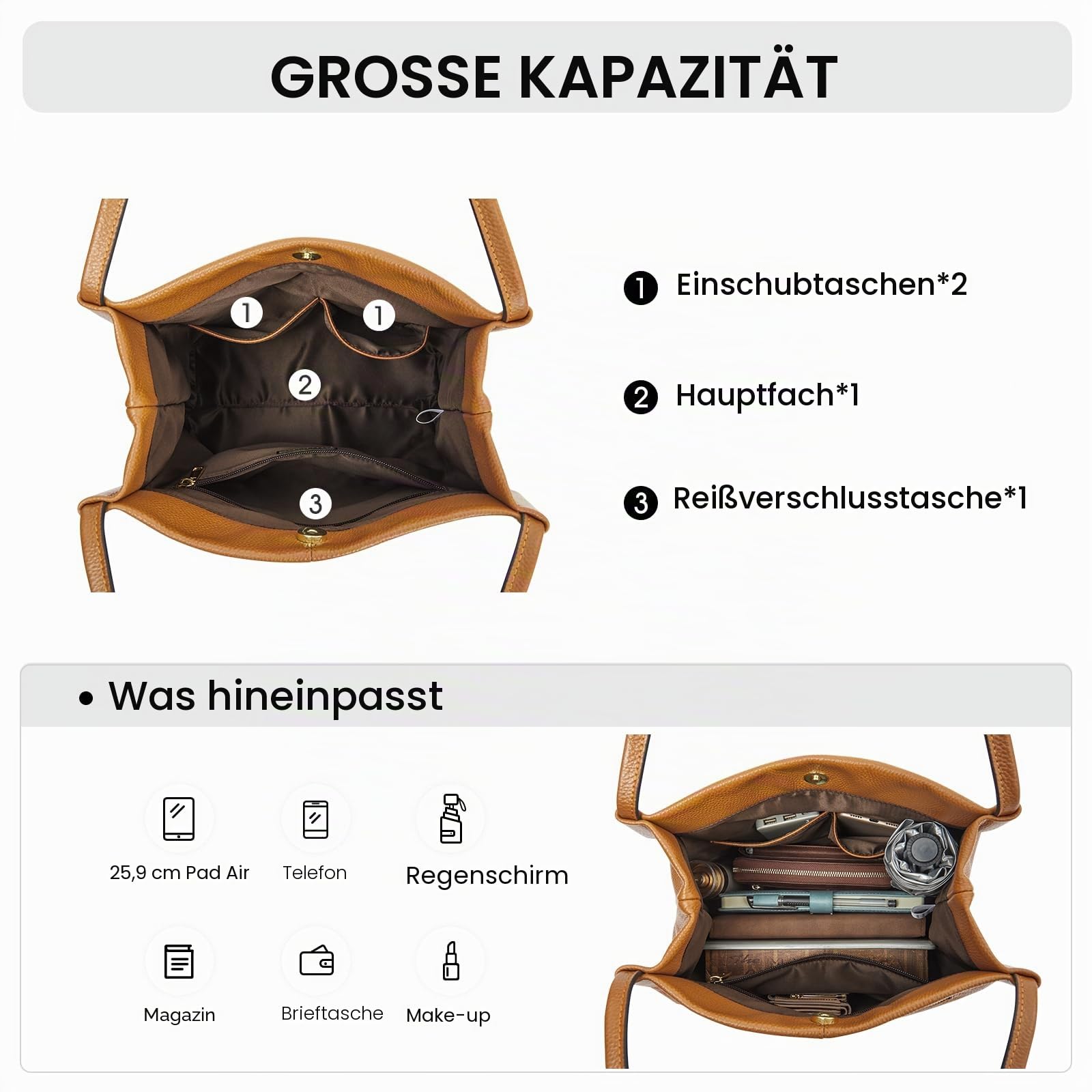 Kattee Schultertaschen aus Leder für Damen weiche Geldbörsen und Handtaschen mit Magnetischem Druckknopfverschluss Oben