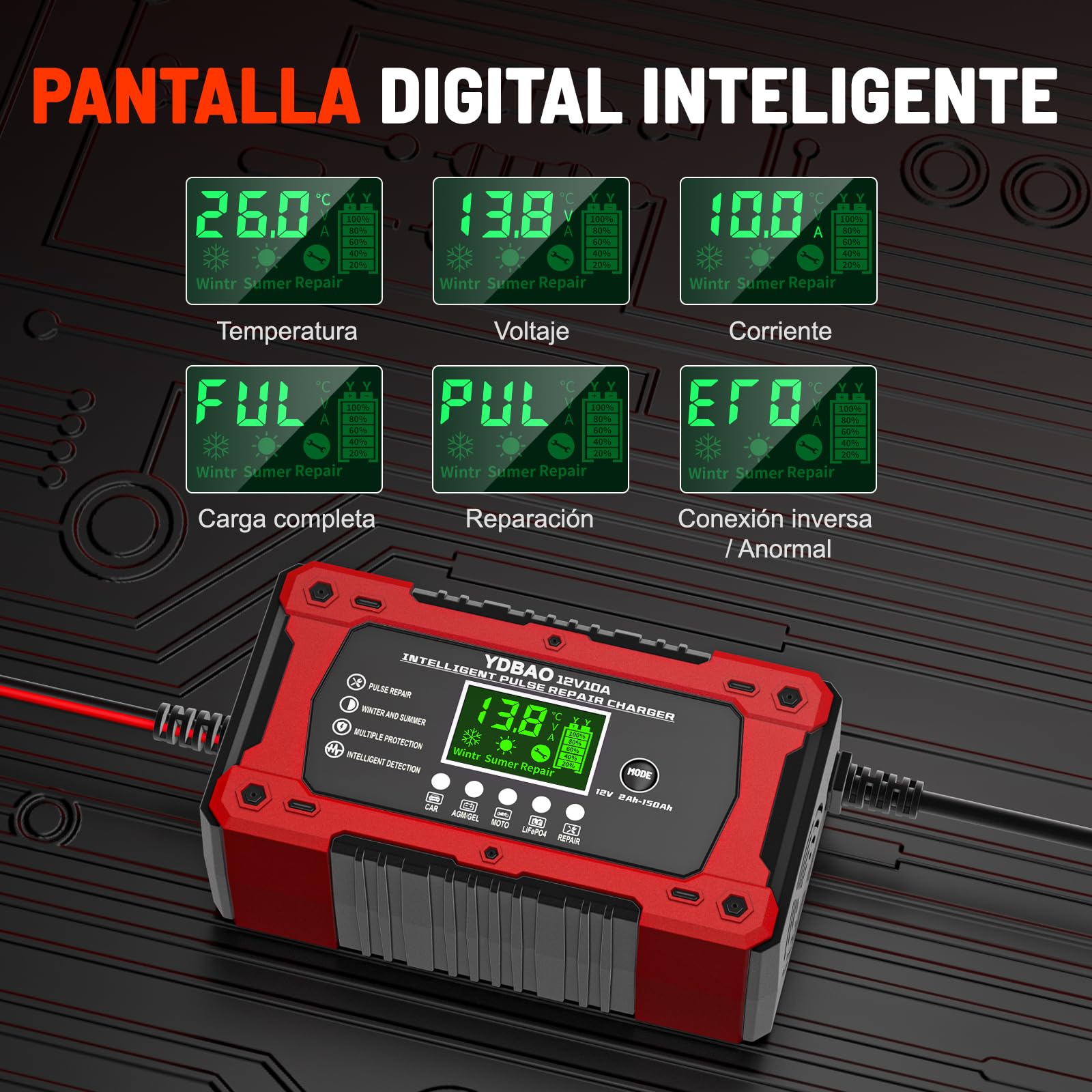 YDBAO Cargador de Batería de Coche 12V 10A Cargador Baterias Coche y Moto Inteligente con Reparación y Múltiples Protecciones y Pantalla LCD Cargador bateria para Auto,Moto, Camión, AGM, Gel,SLA