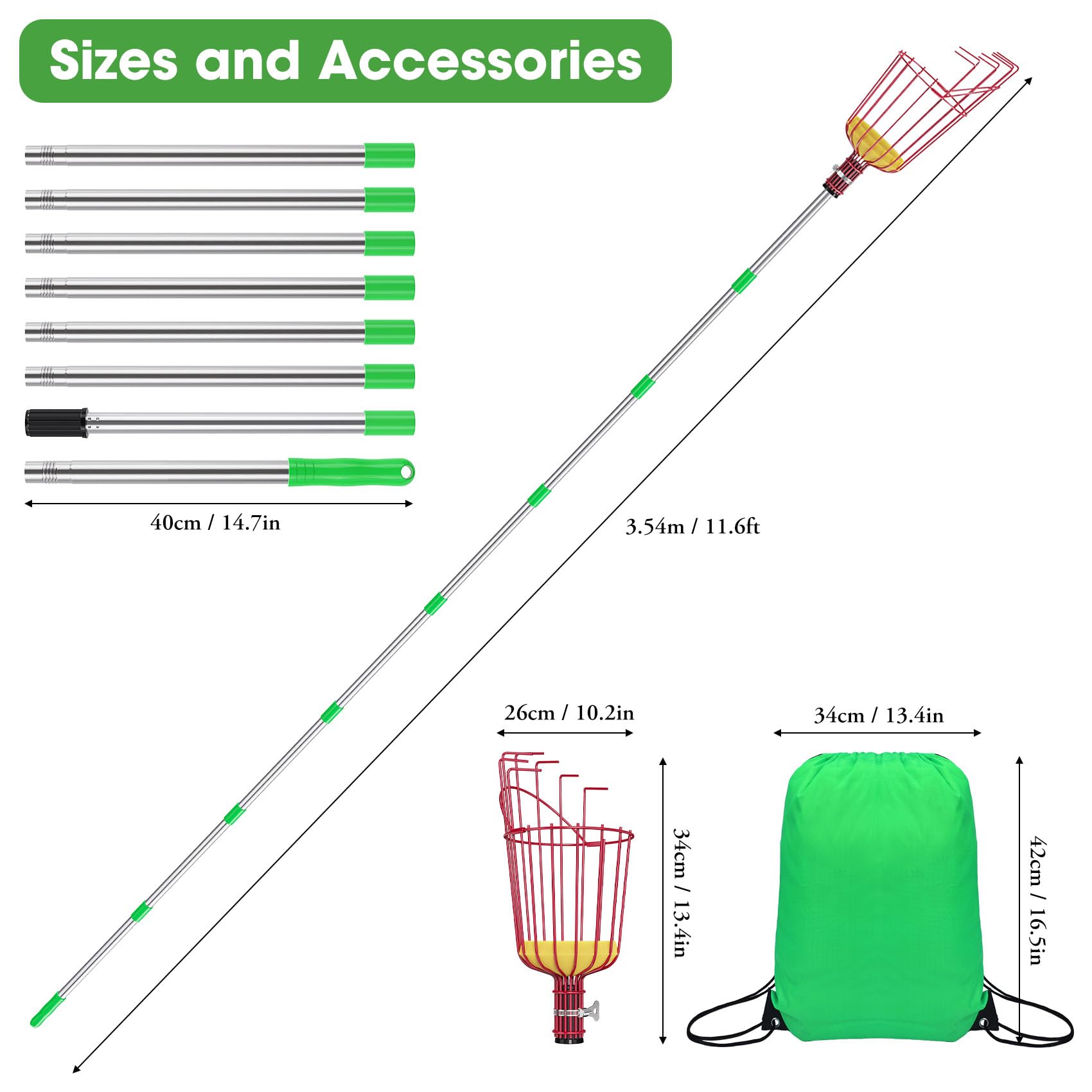 Recogedor de frutas de 3,2 m, recogedor de frutas, recogedor de frutas con mango, fácil de montar, extensión de empalme ajustable
