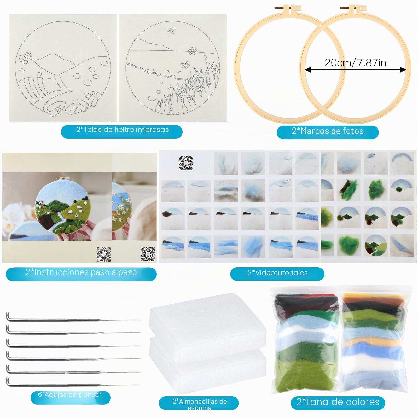 2 juegos de kit de fieltro de aguja, kits de fieltro para principiantes adultos, kit de inicio de fieltro de aguja, incluye tela afieltrada, lana, marco de cuadro, aguja, almohadilla de espuma e