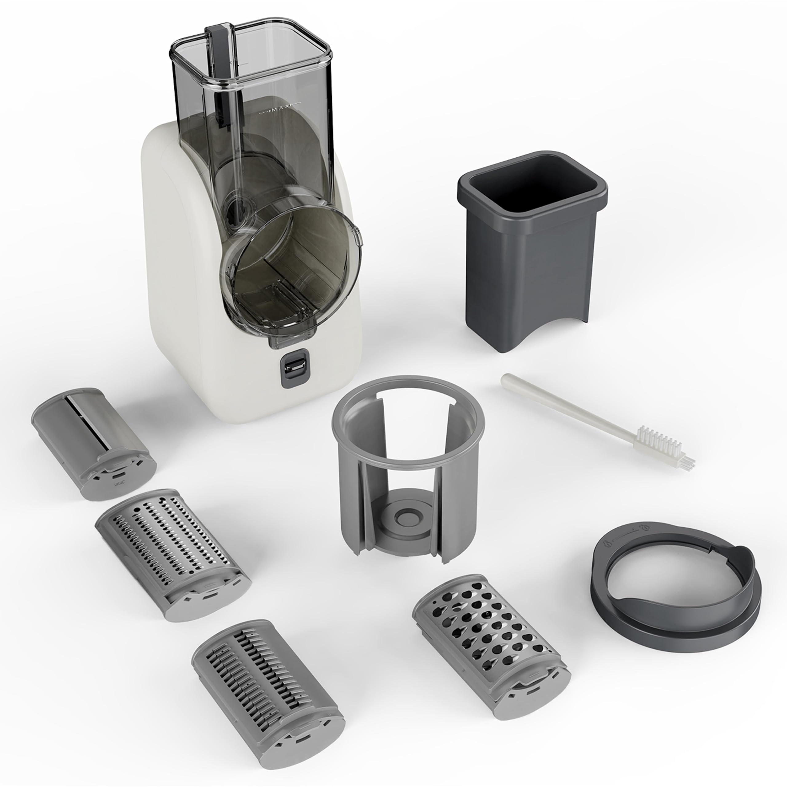 Silva Schneider SKR 800 Rallador Eléctrico de Cocina – 80 W, 4 Accesorios de Corte, Cuchillas Giratorias de Acero Inoxidable, Diseño Seguro sin Contacto con las Cuchillas, Fácil Limpieza – Blanco/Gris