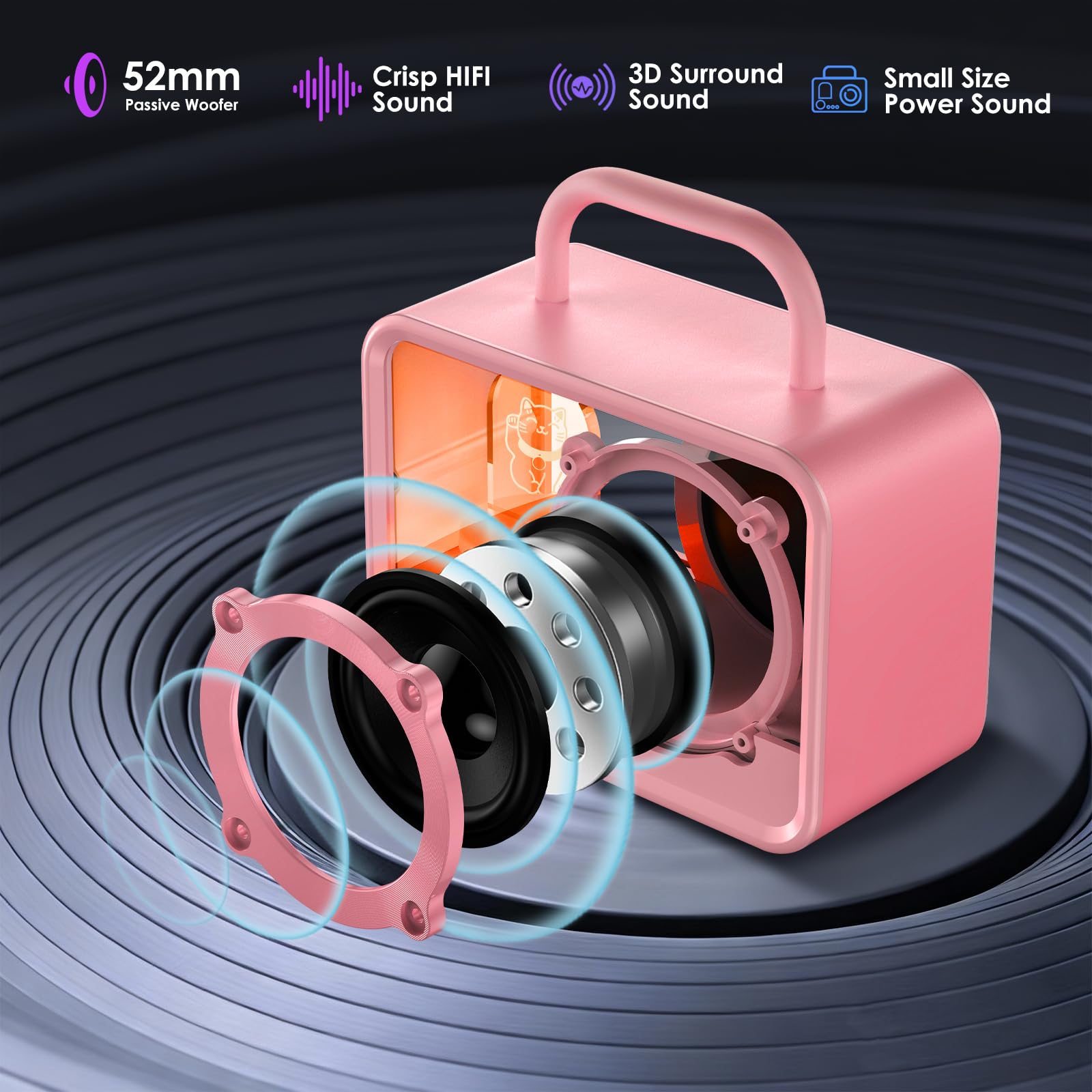 Altoparlante Bluetooth portatile con luci RGB, suono stereo, bassi potenti, mini altoparlante Bluetooth wireless, stile carino e alla moda per cucina, scrivania, camera da letto, ufficio