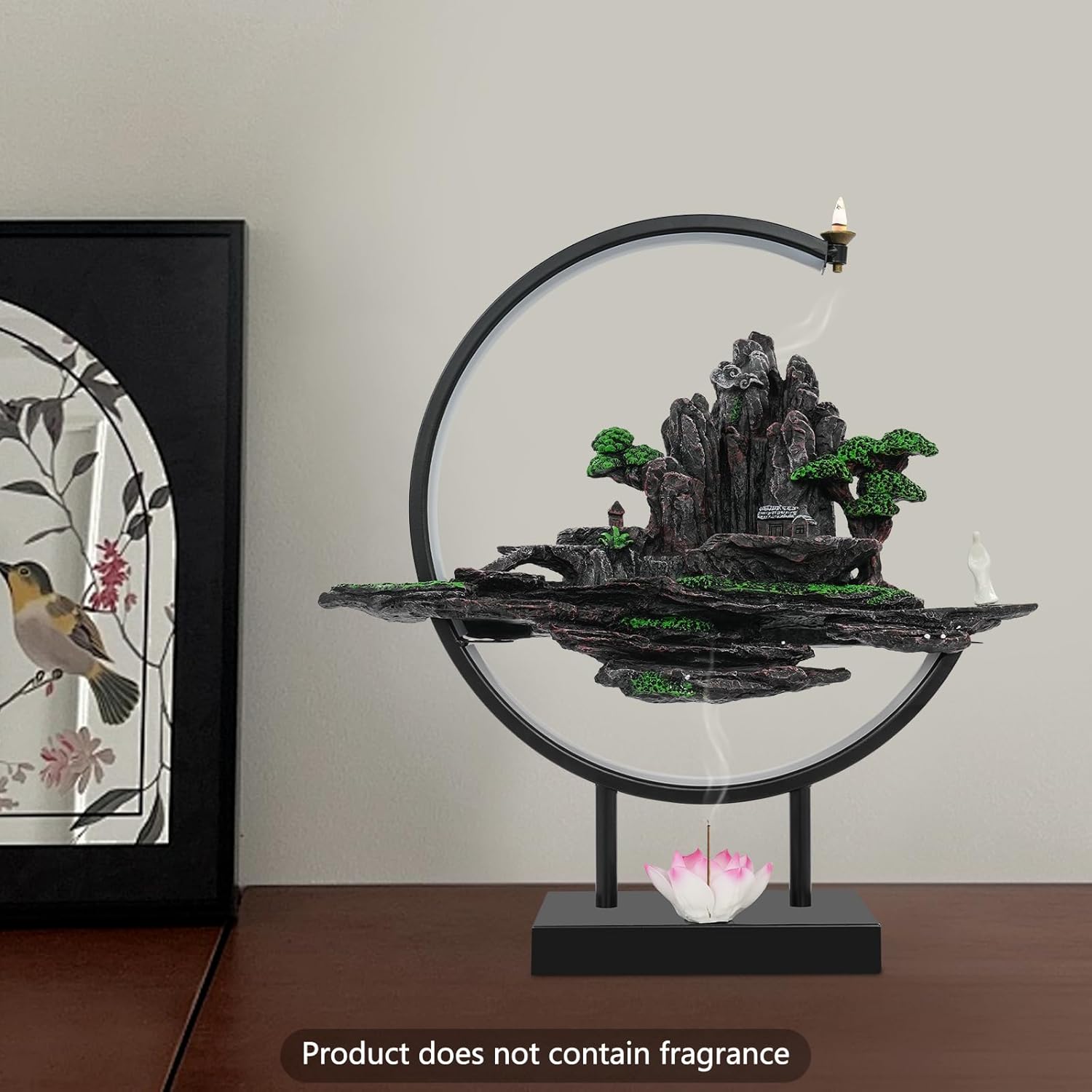 Backflow Incense Burner with Adjustable LED Light Rockery Landscape Resin Iron Base Home Desktop Decor for Meditation Office Living Room Zen Fountain Holder