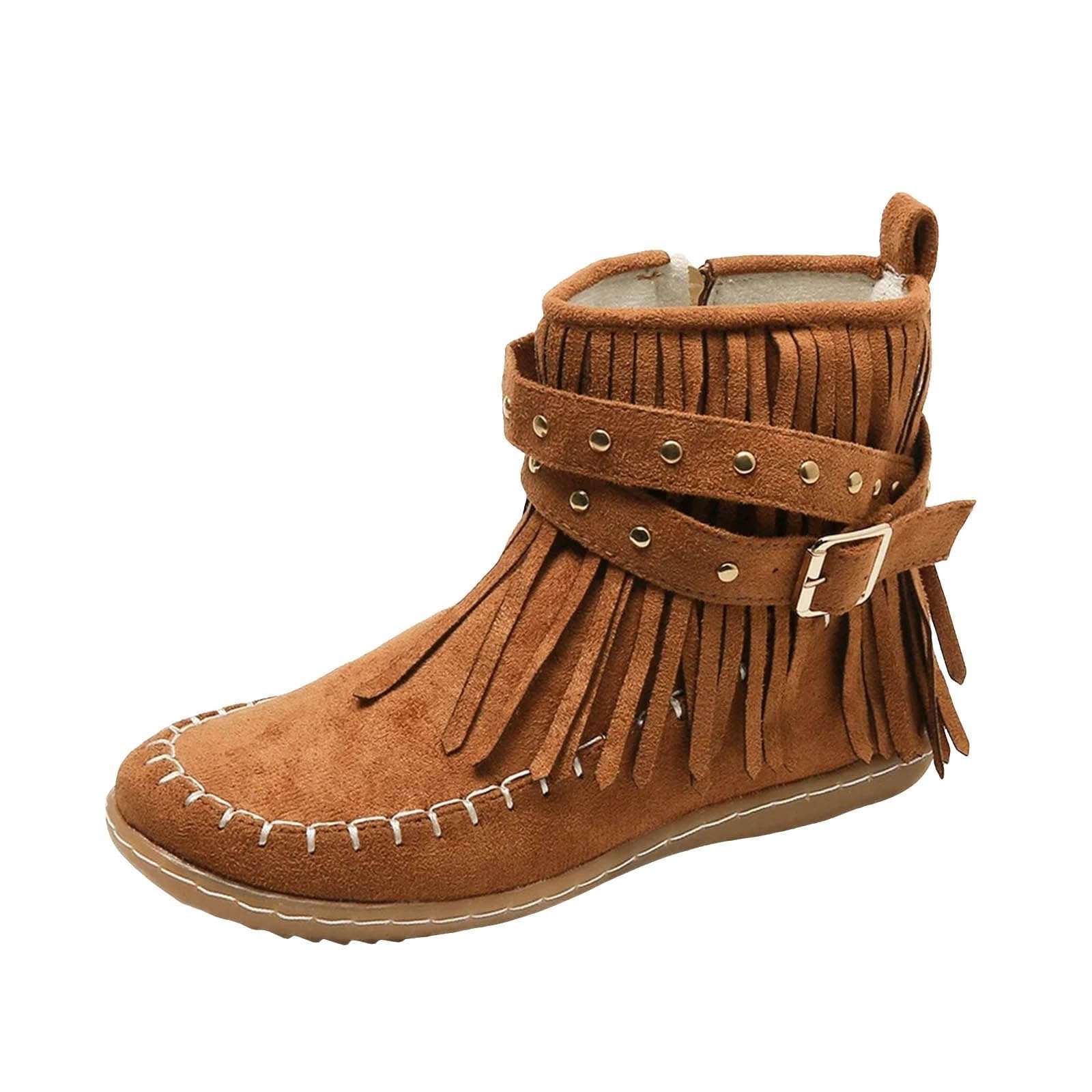 Tassel Boots for Women Western Cowgirl Boots Classic Vintage Round Toe Booties Moccasin Suede Leather Boot Non Slip