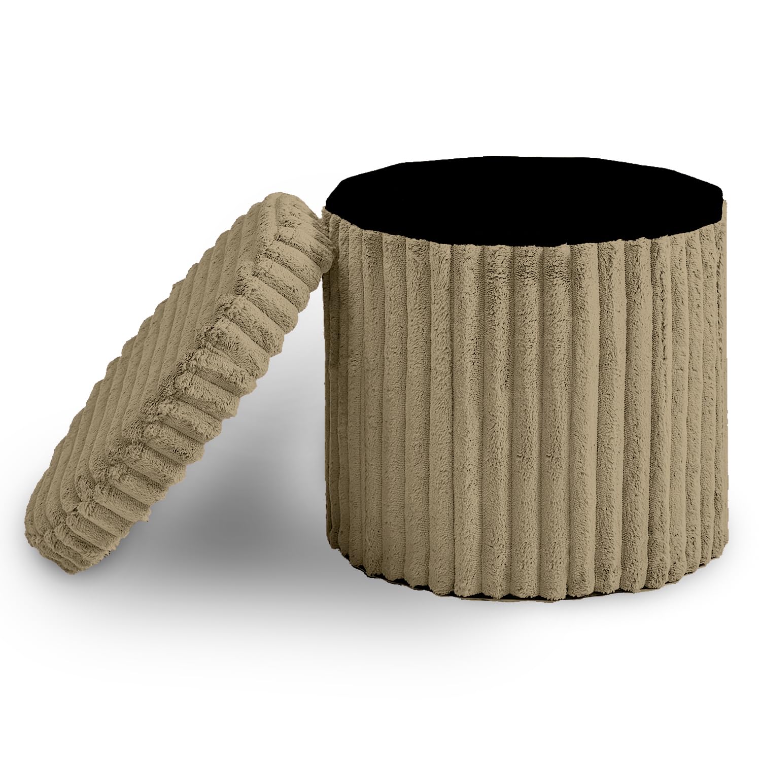 GC GAVENO CAVAILIA Ribbed Round Storage Ottoman With Removable Lid Storage Box Bunch Foldable Stool Footrest | Hidden Storage Stool Living Room, Bedroom 40x40x37cm, Mink — image 1