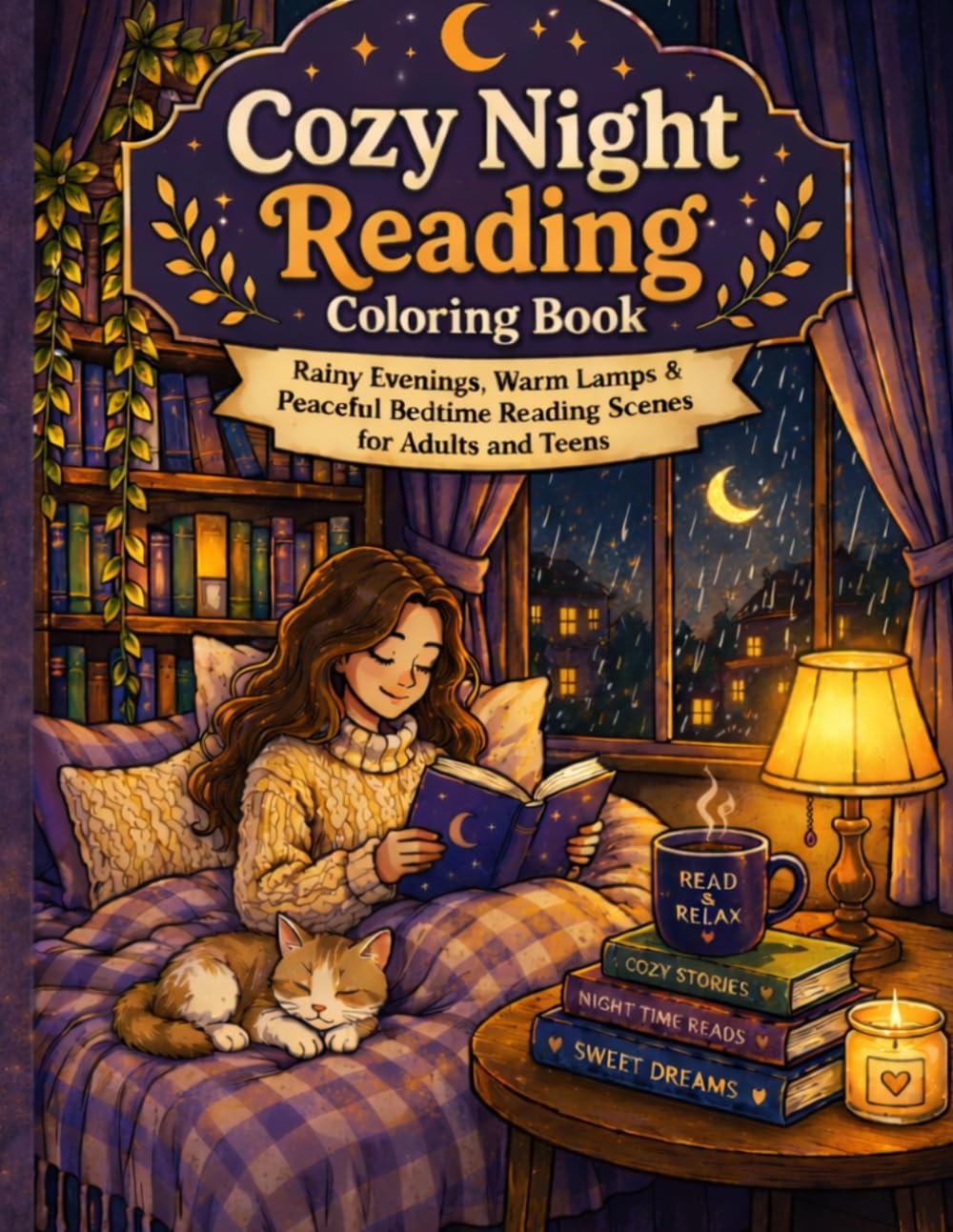 Cozy Night Reading Coloring Book: Rainy Evenings, Warm Lamps & Peaceful Bedtime Reading Scenes for Adults and Teens (Cozy Reading Coloring Series)