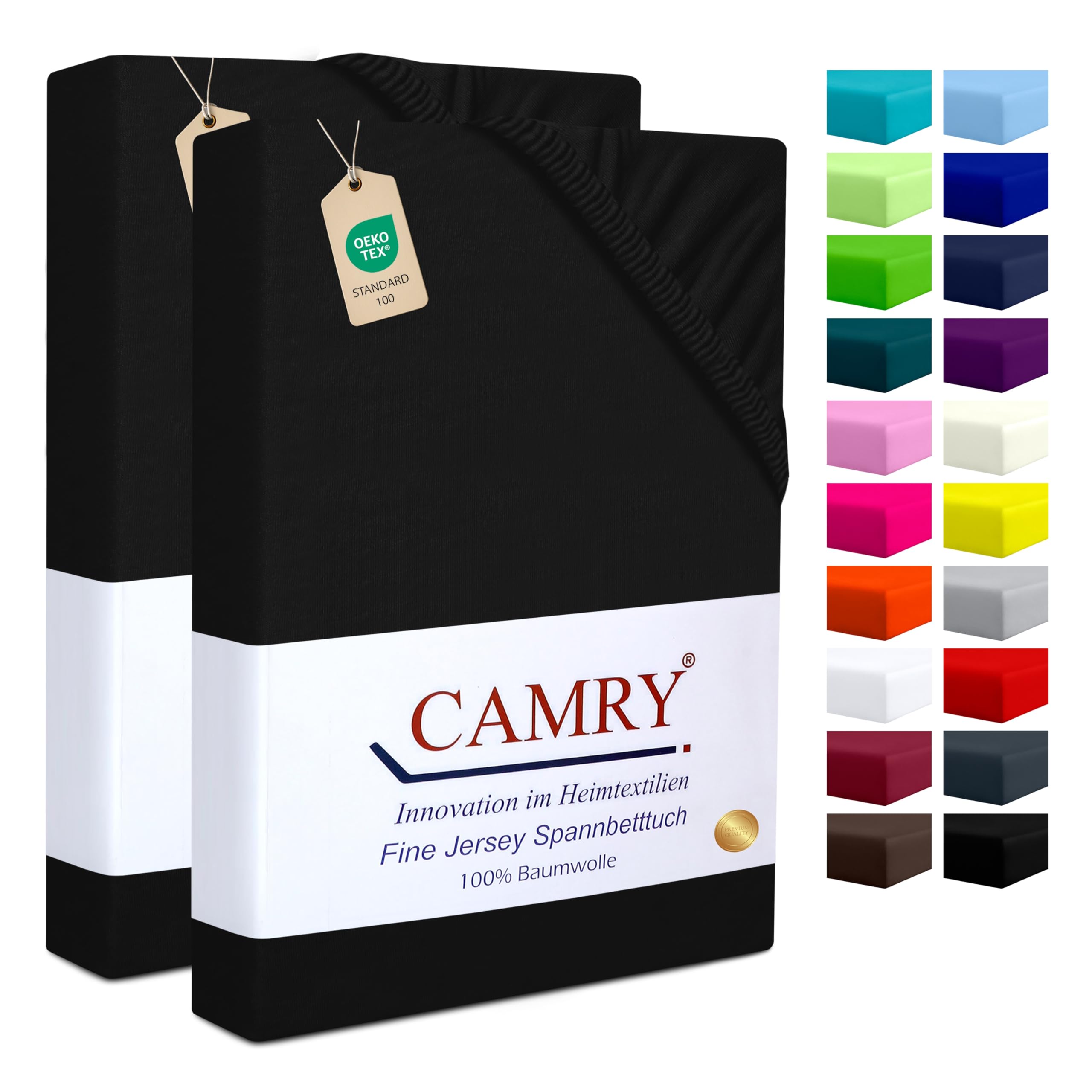 Camry Spannbettlaken 2er-Set 90x200cm - 100x200cm Schwarz Baumwolle Jersey Spannbetttuch Oeko-Tex