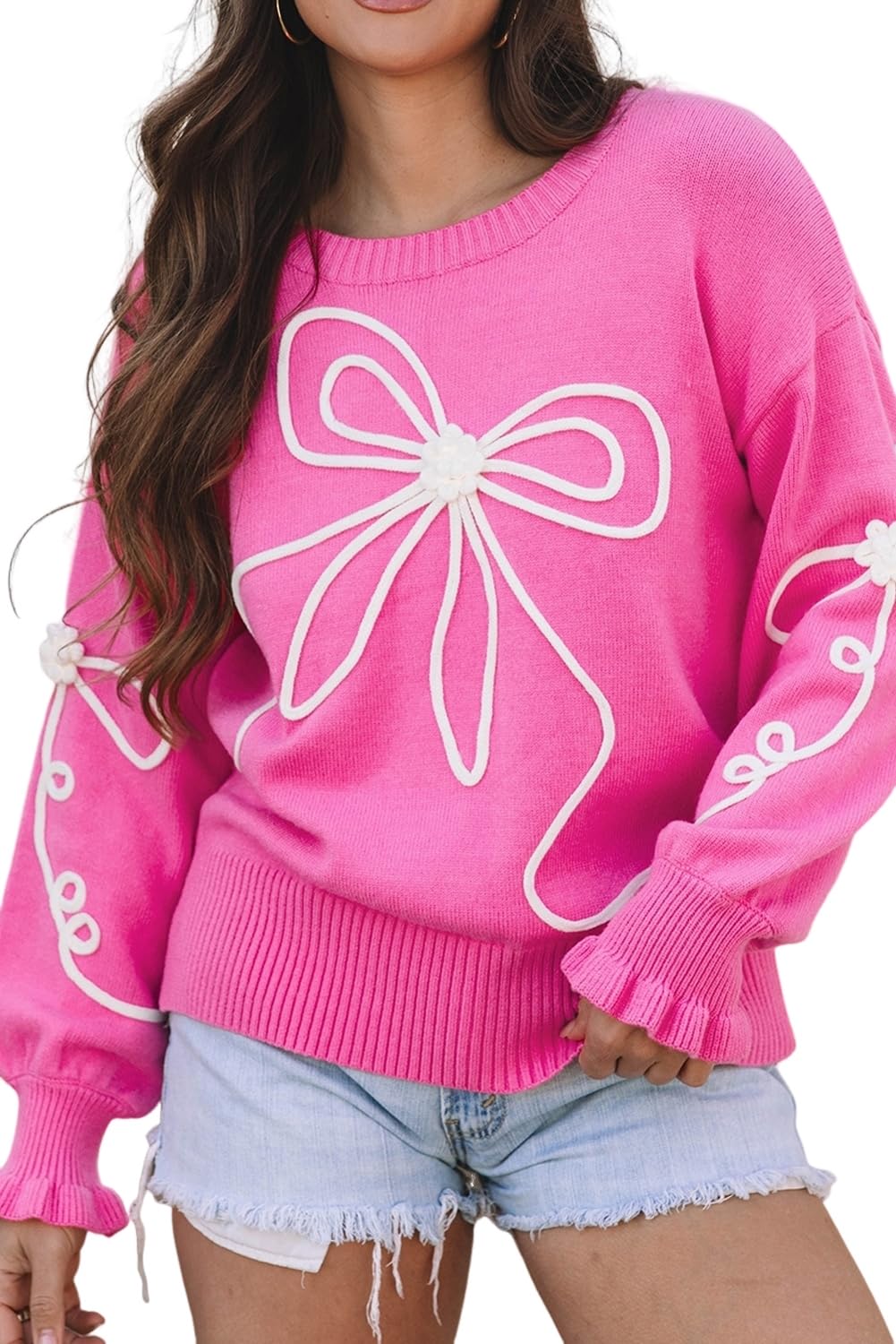 LALAGEN Womens Sweater Bright Pink Corded Flower Bow Ribbed Trim Casual Sweater Pullover