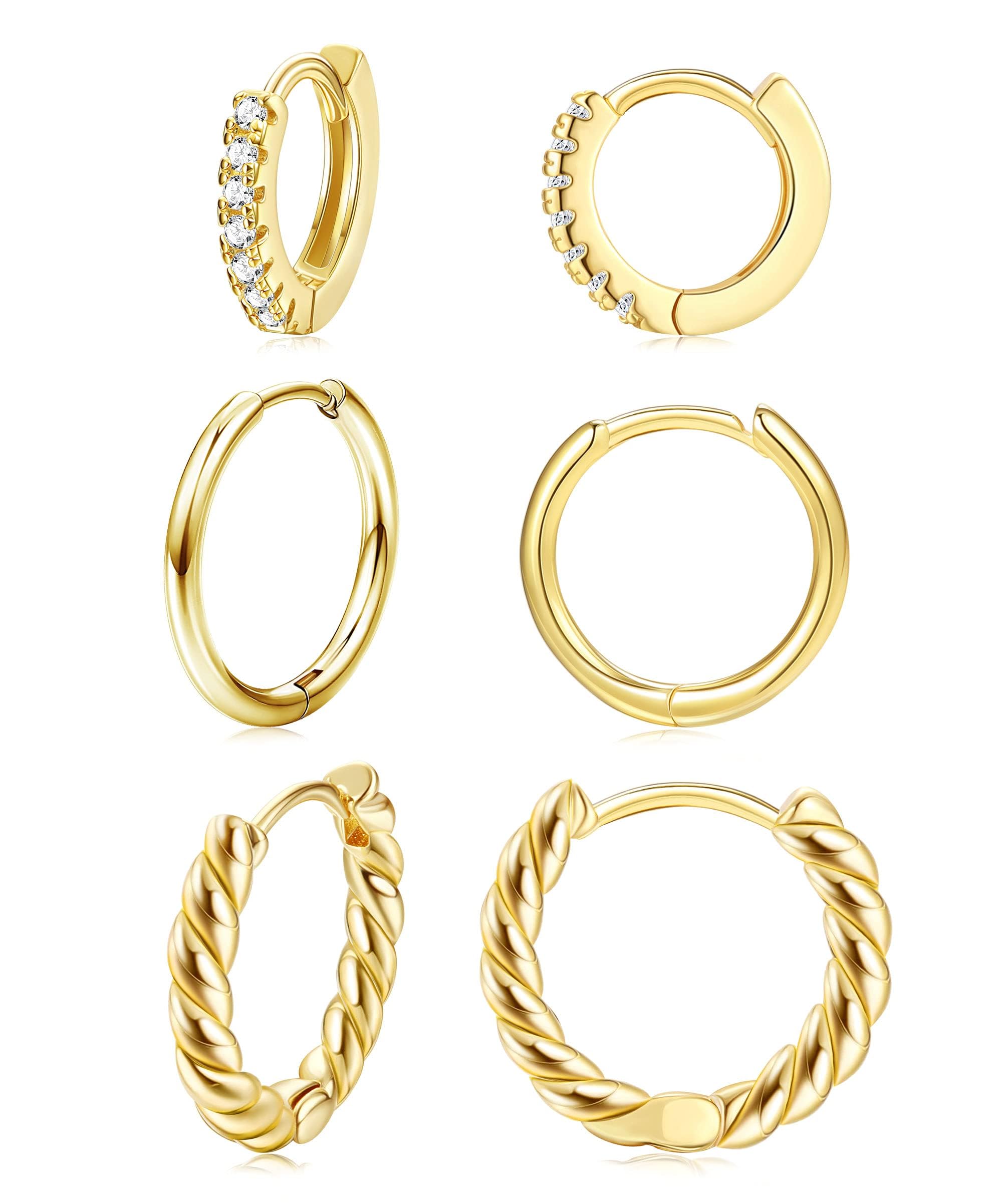 LOLIAS 3 Pares Pequeños Pendientes Aro para Mujeres Niñas Acero Inoxidable Aretes Cartílago Trenzados Oro 14K Pendientes de Aro Hipoalergénicos Circonita Cúbica Pendientes de Aro para Hombres
