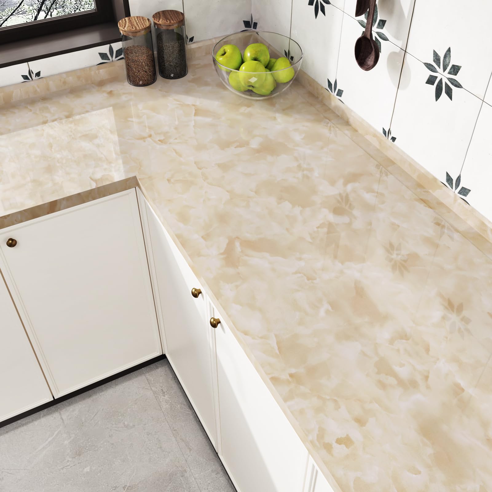 HotDecor Glossy Beige Marble Wallpaper Kitchen Counter Vinyl Wrap Marble Effect Self Adhesive Vinyl Roll Bathroom Wallpaper Waterproof Furniture Worktop Wrap Sticky Back Plastic Wall Paper 60 x 300cm