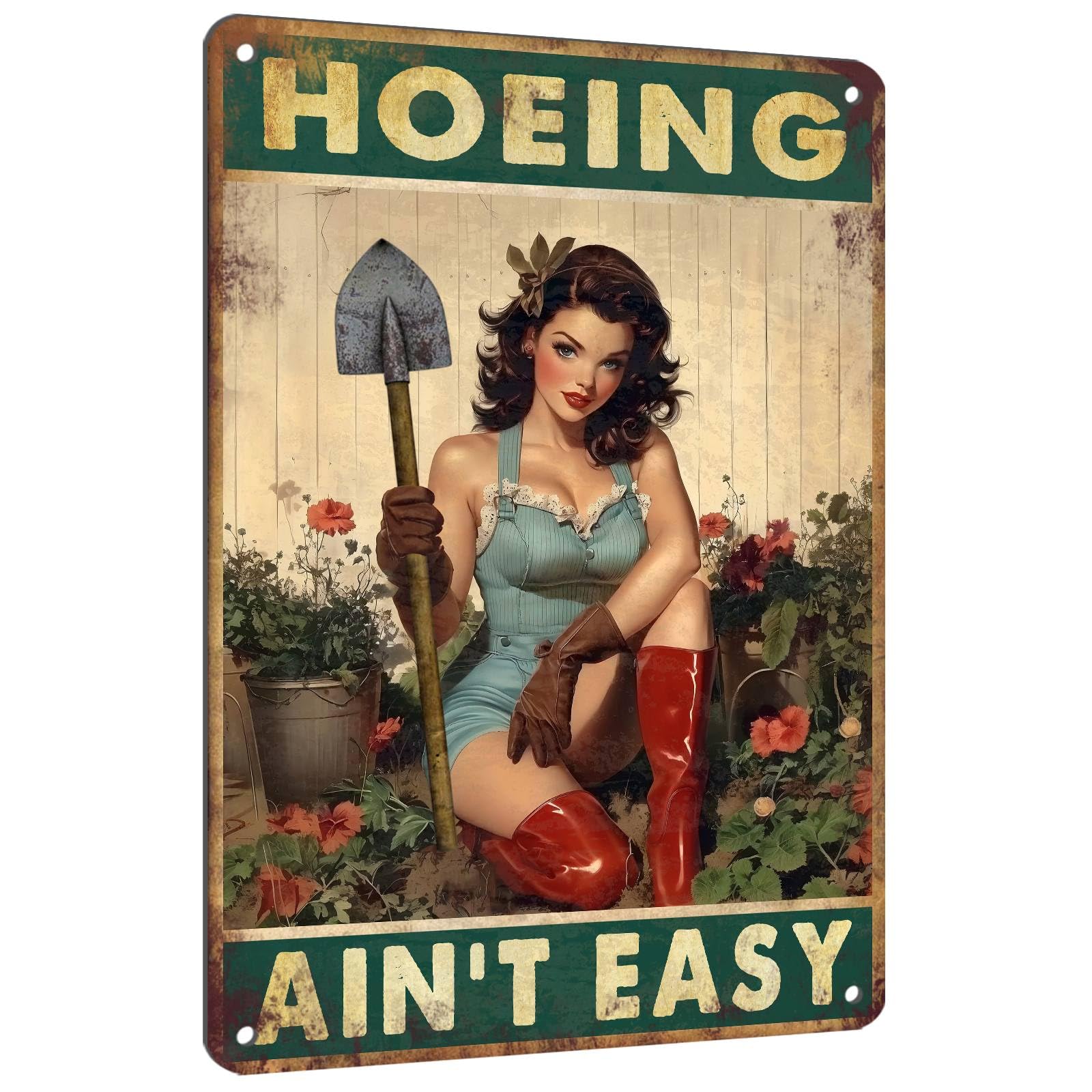 PEACHGARDEN Garden Signs Yard Art Hoeing Ain't Easy Funny Garden Aluminum Metal Sign