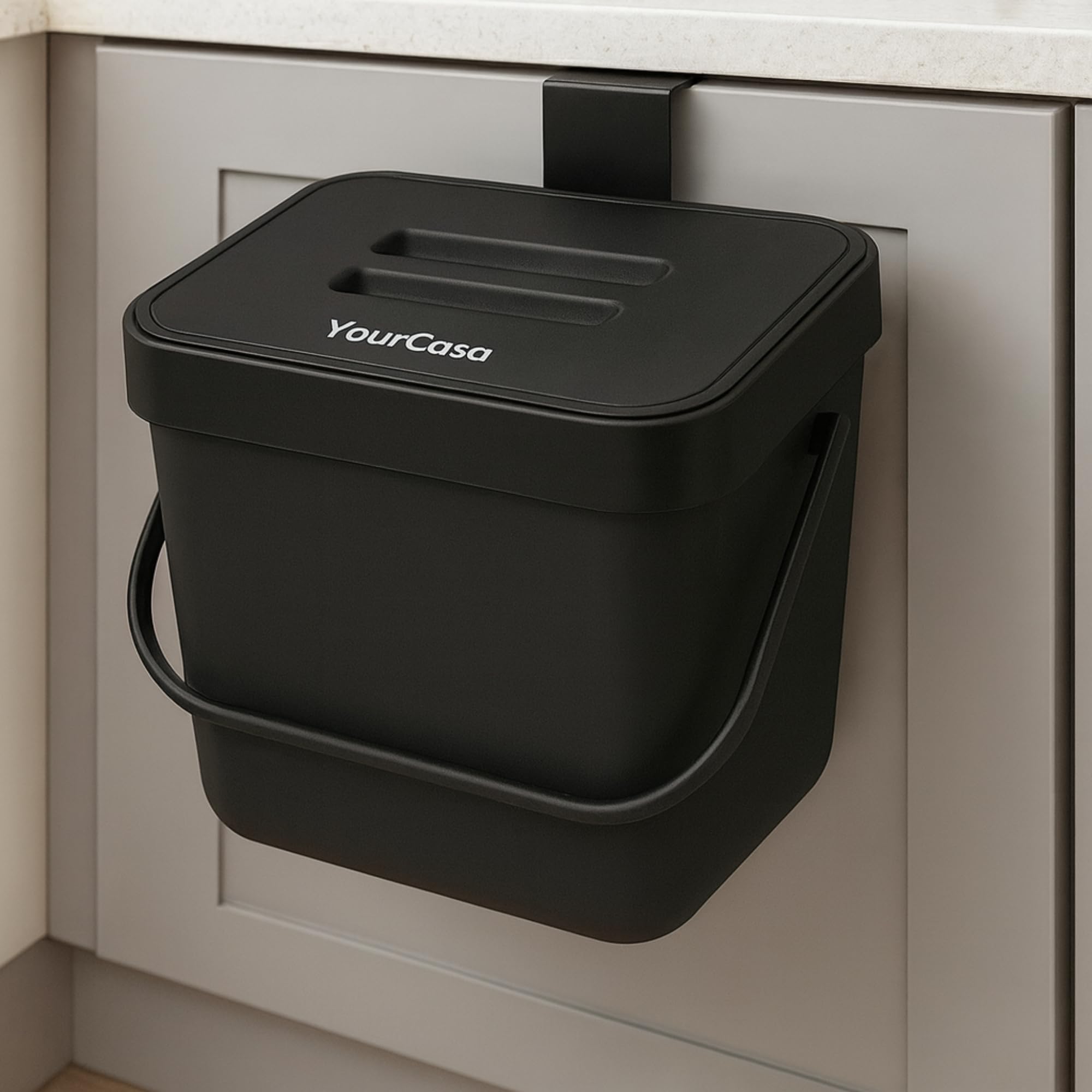 YourCasa® Poubelle de cuisine 7L à suspendre - Passoire à compost - Passe au lave-vaisselle - Anti-odeurs (noir)