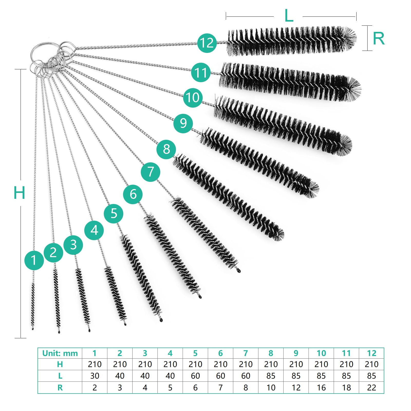 Set di 12 Spazzole per Pulizia, Spazzole in Nylon Lunghezza 21cm con Manico in Acciaio Inox, per Macchina da Caffè, Cannucce, Bottiglie, Tubi del Latte e Spazi Stretti, Multifunzione - Nero