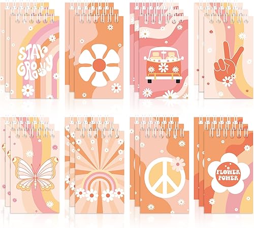Faccito 24 cuadernos hippie, groovy, retro, hippie, bohemio, espiral, mini bloc de notas, cuaderno de bolsillo para niños, hippie, bohemio, Groovy,