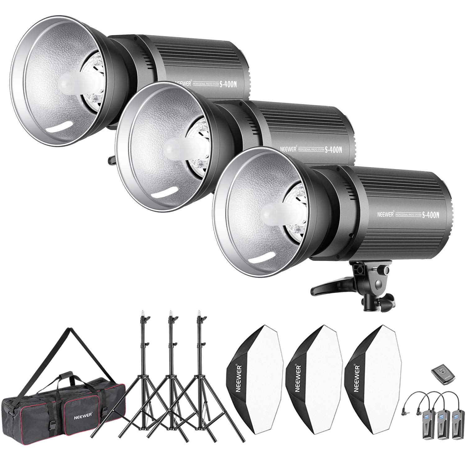 Neewer 1200W Fotostudio Strobe Blitzlicht Kit: (3)S101 400W 5600K Monolights, (3)Stativ, (3)Softbox, (1)RT-16 Trigger, (2)Empfänger, (1)Trolley Tragetasche für Studio, Produkt , Porträtfotografie