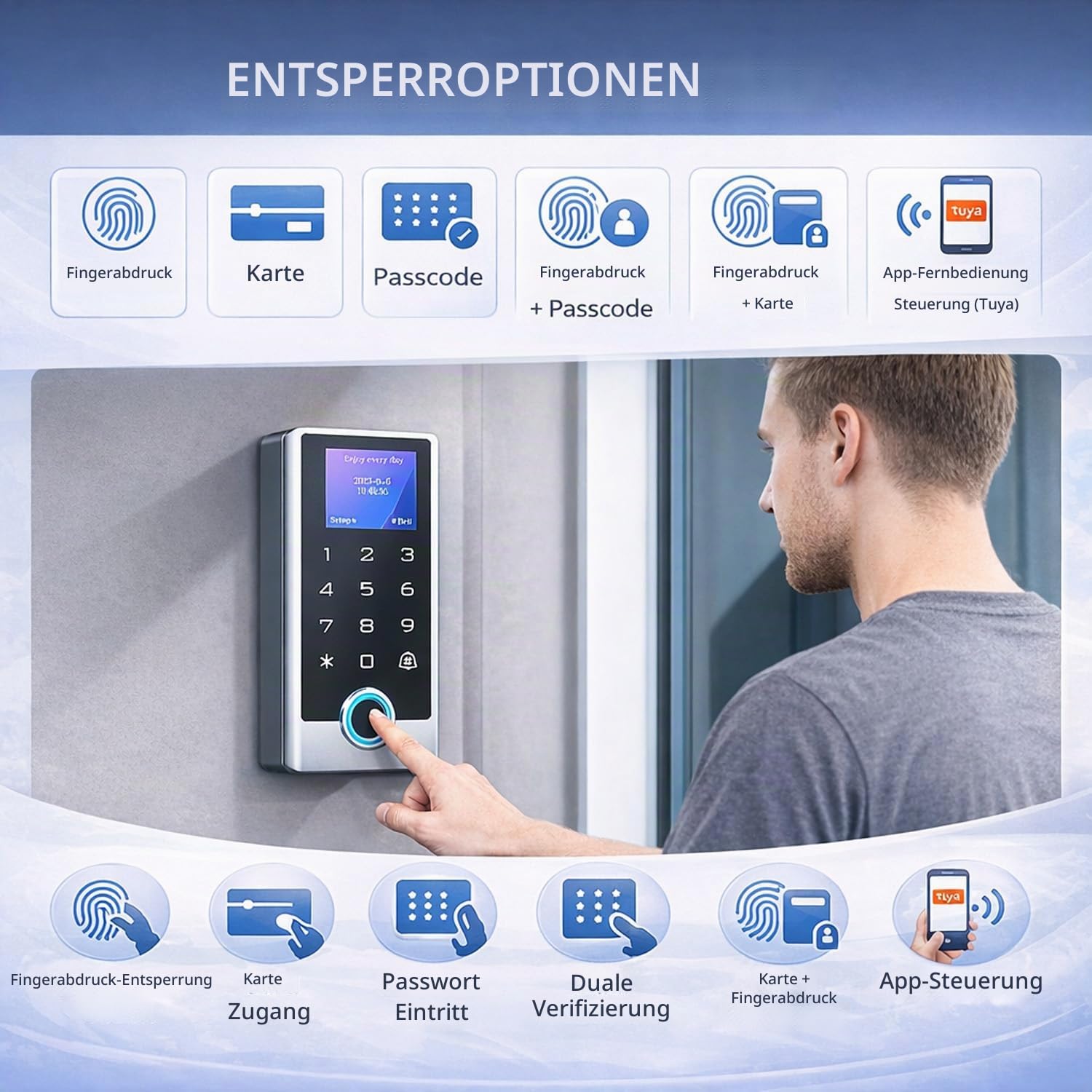 Tuya WLAN Fingerprint Türöffner mit Code & RFID – IP68 Codeschloss Haustür aus Metall mit LCD Display, Zutrittskontrolle per App, Fingerabdruck, Karte & PIN, 125kHz Schloss, WG26/34, DC12V, inkl.10tag