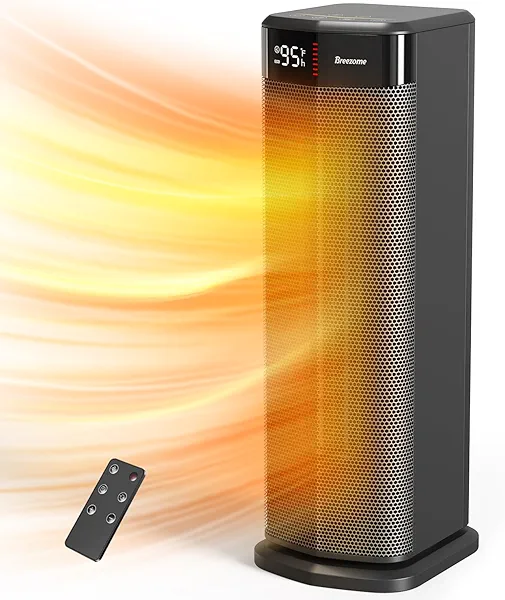 BREEZOME Space Heater for Indoor Use, 1500W Fast Heating PTC Ceramic Electric Heater with Thermostat, 90°Oscillating, 24H Timer, Ideal for Home Office Bedroom
