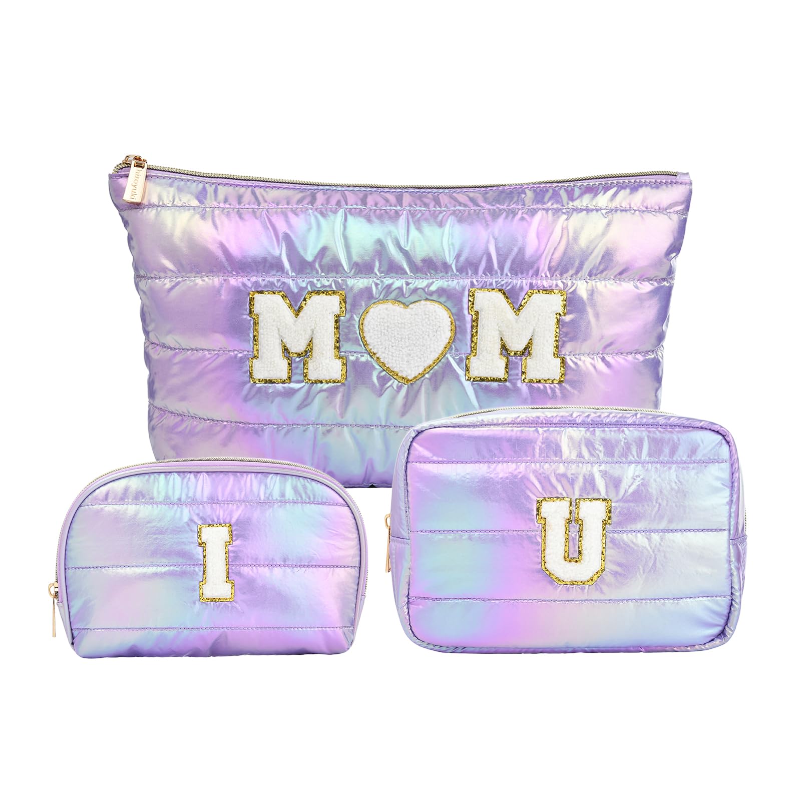 Hiroyuki 3pcs Iridescent Quilted Makeup Bag (ILOVEUMOM, purple)