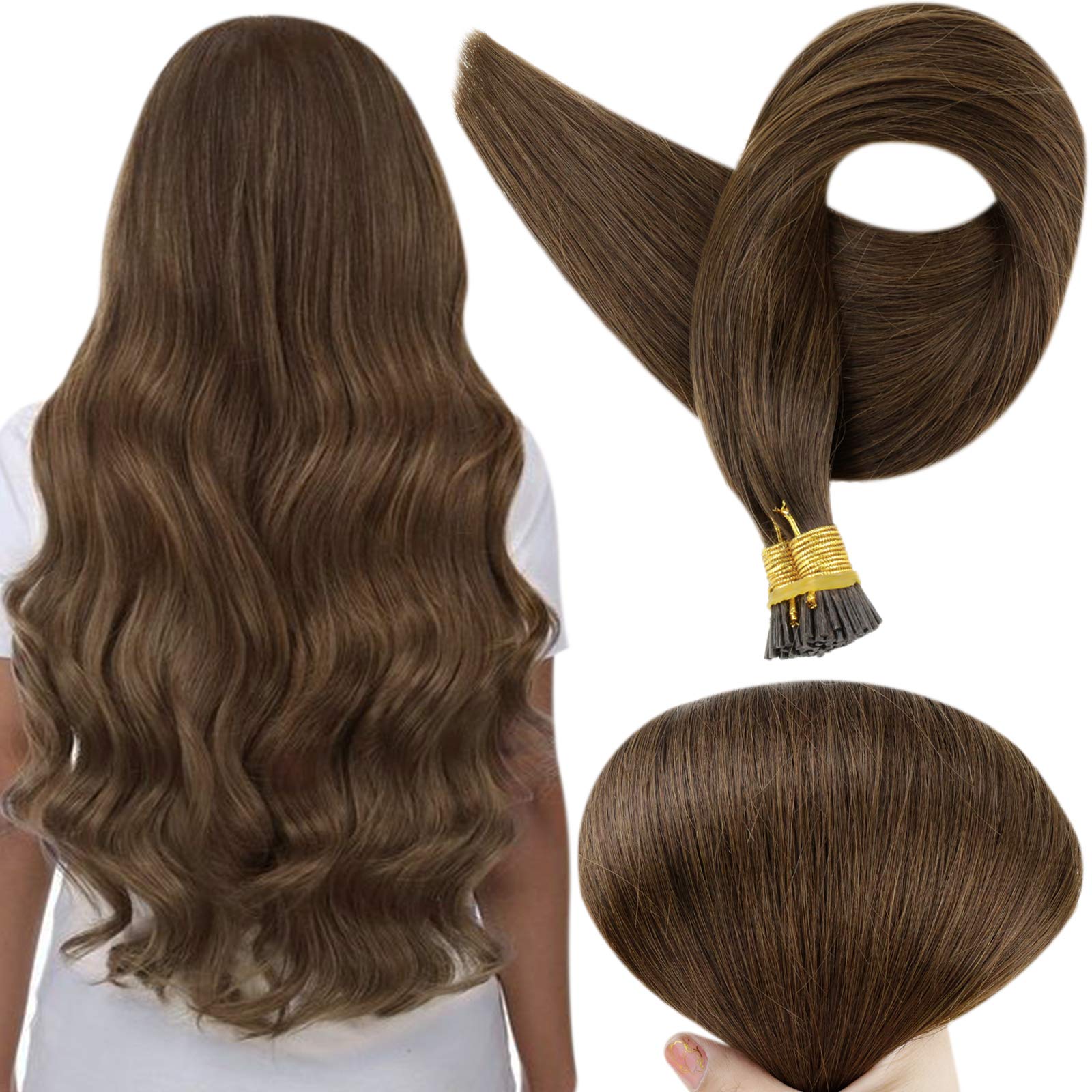 Full Shine 20" 0.8g per Strand 50 Strands Per Package Prebonded Hair Extensions Keratin I Tip Hair Extensions Medium Brown Color #4 Darkest Brown Hair Extensions