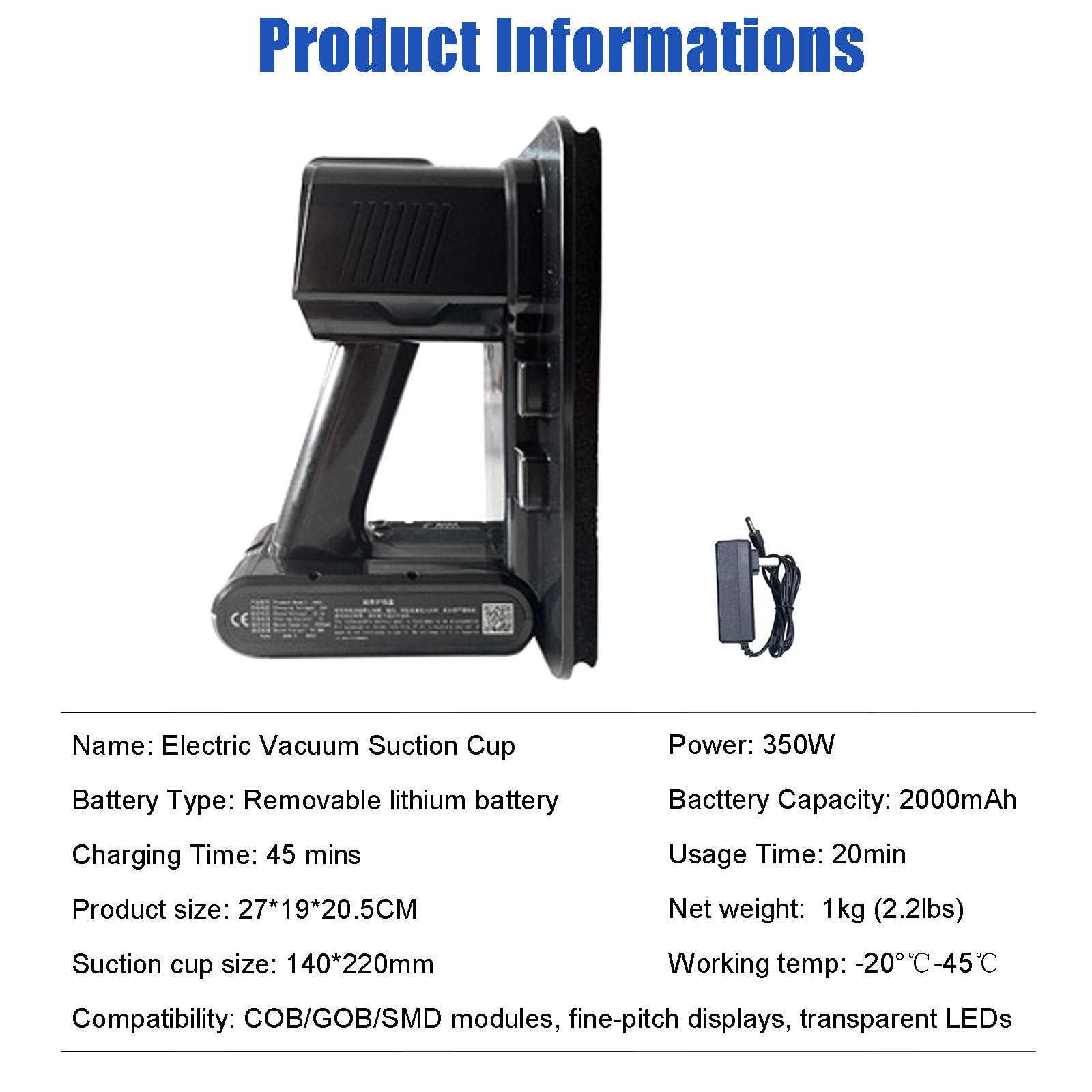 Elevador de pantalla LED con capacidad de 30 kg | Ventosa eléctrica con batería extraíble | Control de 2 velocidades | para paneles SMD/MCOB/IMD (caja)