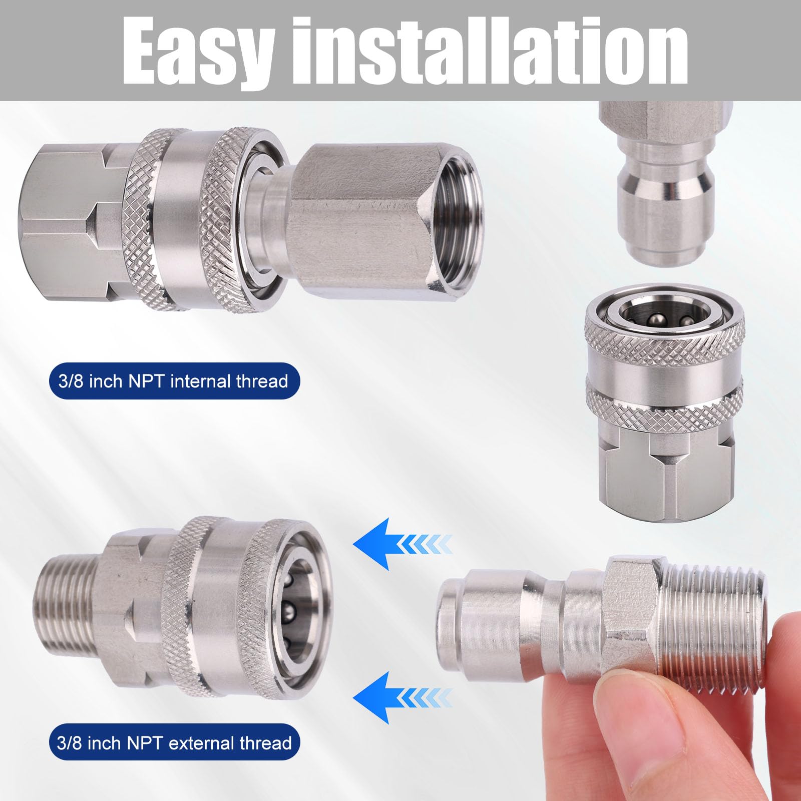 8pz Kit Raccordi Rapidi Pulitrice ad Alta Pressione, 3/8 Pollici Acciaio Inossidabile Adattatore Raccordo Tubo Rapido con Nastro PTFE Raccordo Filettato NPT Maschio e Femmina
