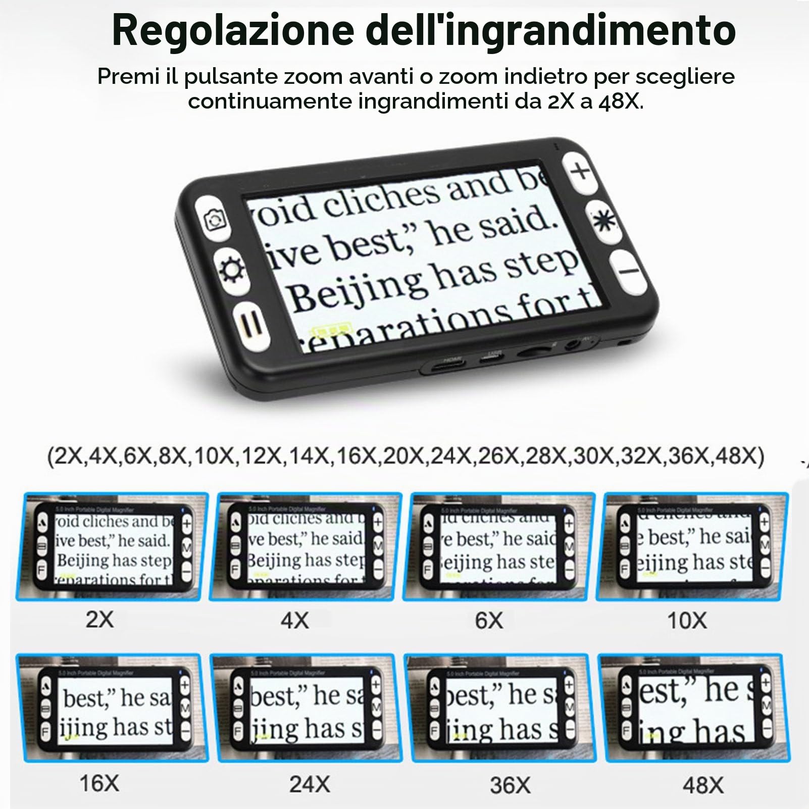 Lente d'ingrandimento digitale portatile, ausilio elettronico per la lettura, touchscreen da 5 pollici 800x480 con supporto pieghevole per ipovedenti, obiettivo della fotocamera per lontano,White