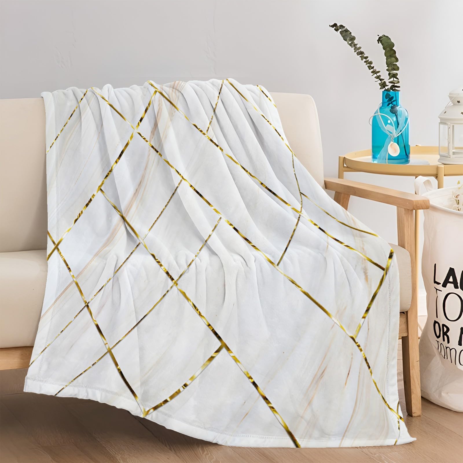Coperta Plaid in Flanella di Pile Trama di marmo 150x200 cm Super Morbida e Calda Coperta in Microfibra Letto Matrimoniale Singolo, Coperte per Bambina Bambino Regalo - Bianco