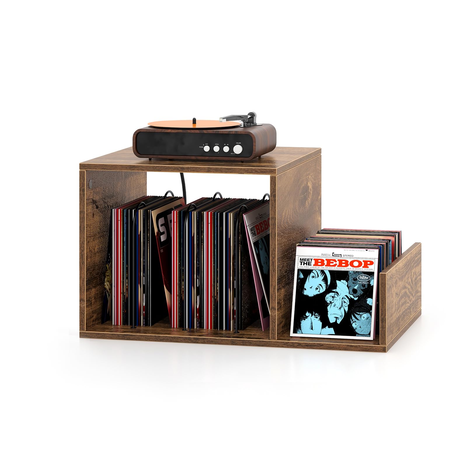 COSTWAY Meuble Tourne-Disque Vinyle avec Prise, Support Tourne-disque pour 145 Albums, Station de Charge, 2 Ports USB, 4 Pieds Amovibles, 3 Séparateurs, Étagère de Rangement sur Table (Brun rustique)