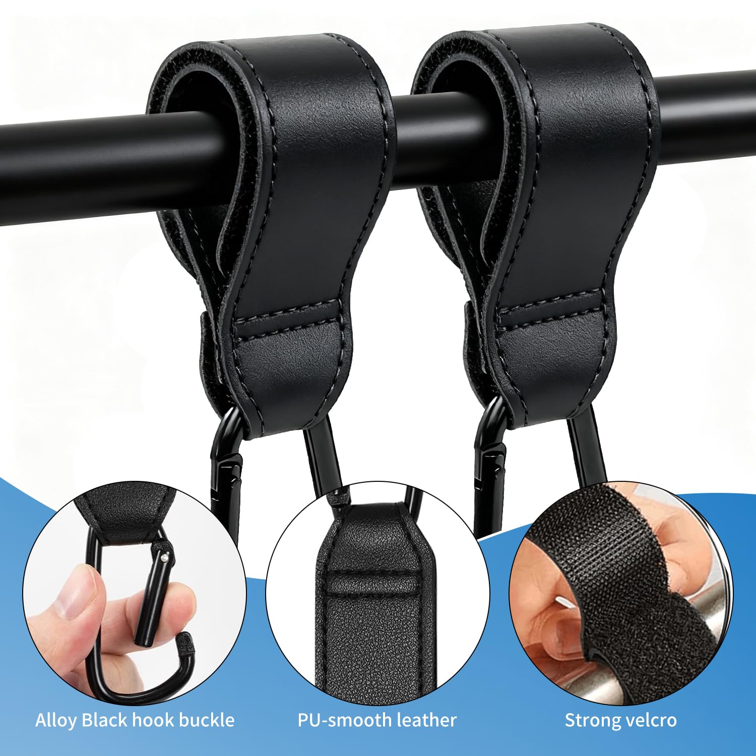 Verazquy 4Pcs Buggy Clips for Pram Non-Slip Bag Hooks Heavy Duty Pram Hooks with Carabiner Anti-Slip Adjustable Stroller Clips for Diaper Bag Pushchair Black PU Leather Durable Universal - Image 3