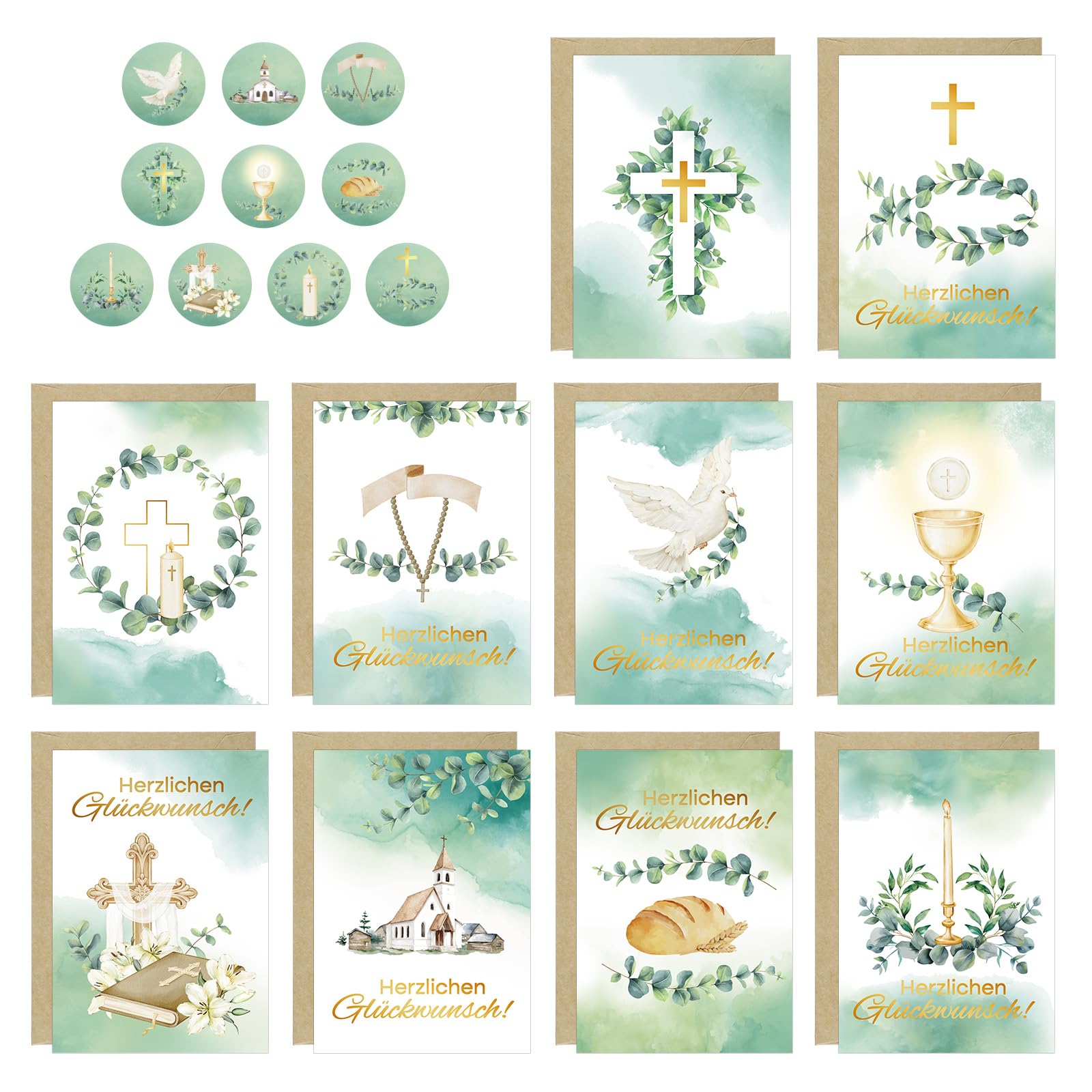 10 Set Kommunionskarten A6, Glückwunschkarten mit Umschlägen und Stickern Klappkarten zur Kommunion Taufe Konfirmation Firmung für Mädchen Jungen
