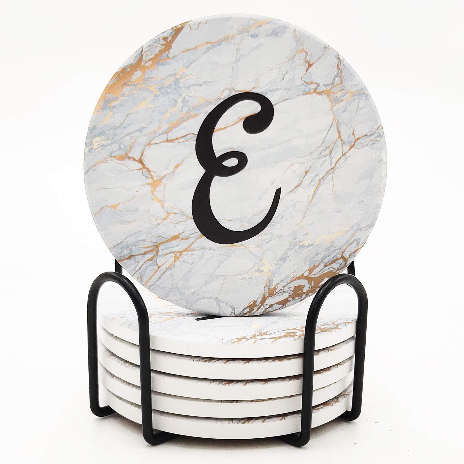 Monogrammed Coasters for Drinks Absorbents with Holder, Set of 6 Ceramic Marble Style Drink Coaster with Cork Base,Personalized Coasters Customizable with Name, Housewarming Gifts Monogram E