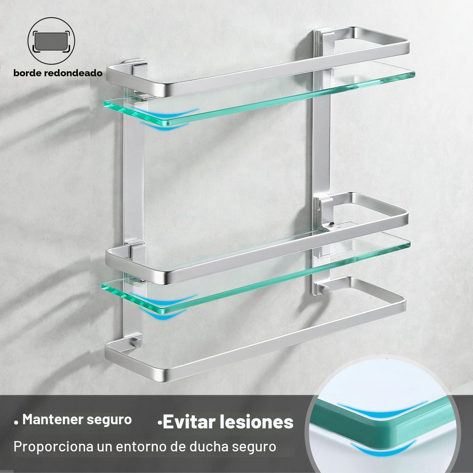 KES Estanteria Baño Pared Estante Baño Cristal, Estanteria Ducha 8MM-Grueso Cristal Templado con Toallero, Aluminio Plata, A4127B