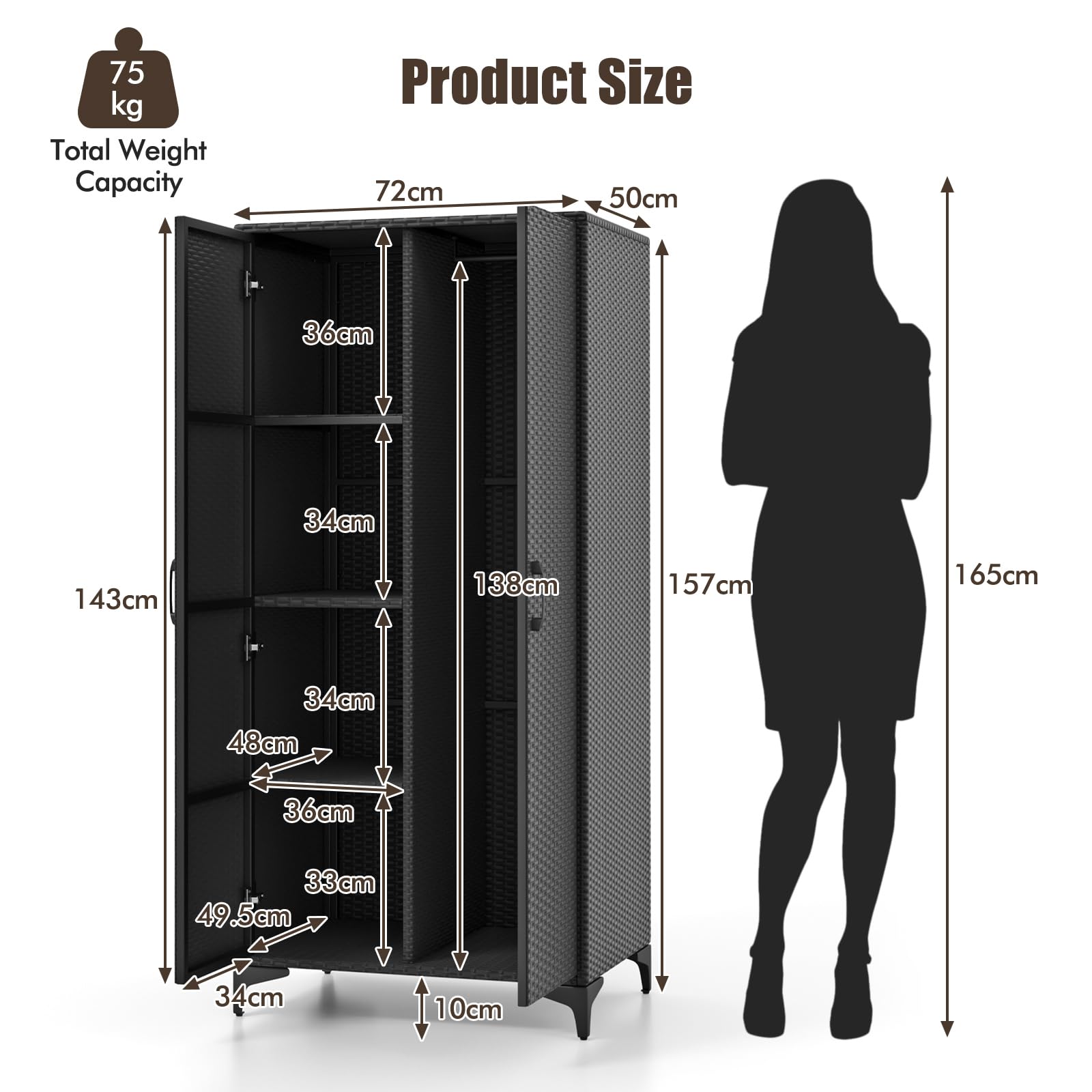 KOMFOTTEU Armario de Jardín de Ratán, Armario Alto con Barra para Colgar y 4 Cubos, Mueble de Almacenamiento con Puertas Dobles y Dispositivo Antivuelco, 72 x 50 x 157 cm (Negro)