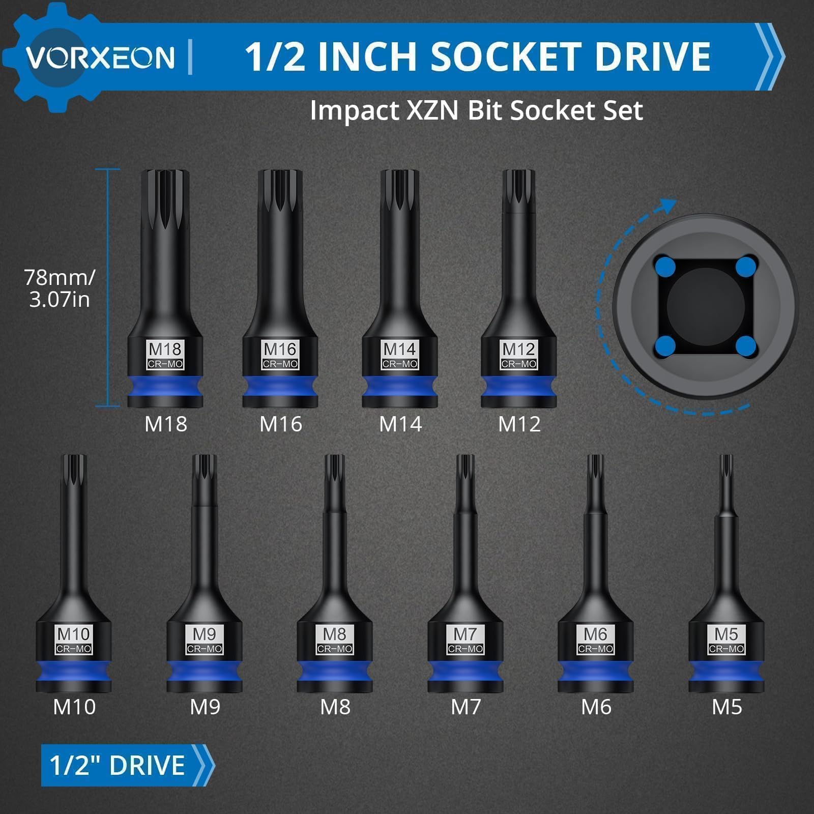 10PCS XZN Vielzahn Nuss Satz 1/2" Kraft Steckschlüssel Satz M5/M6/M7/M8/M9/M10/M12/M14/M16/M18 42CRMO mit Aufbewahrungsbox