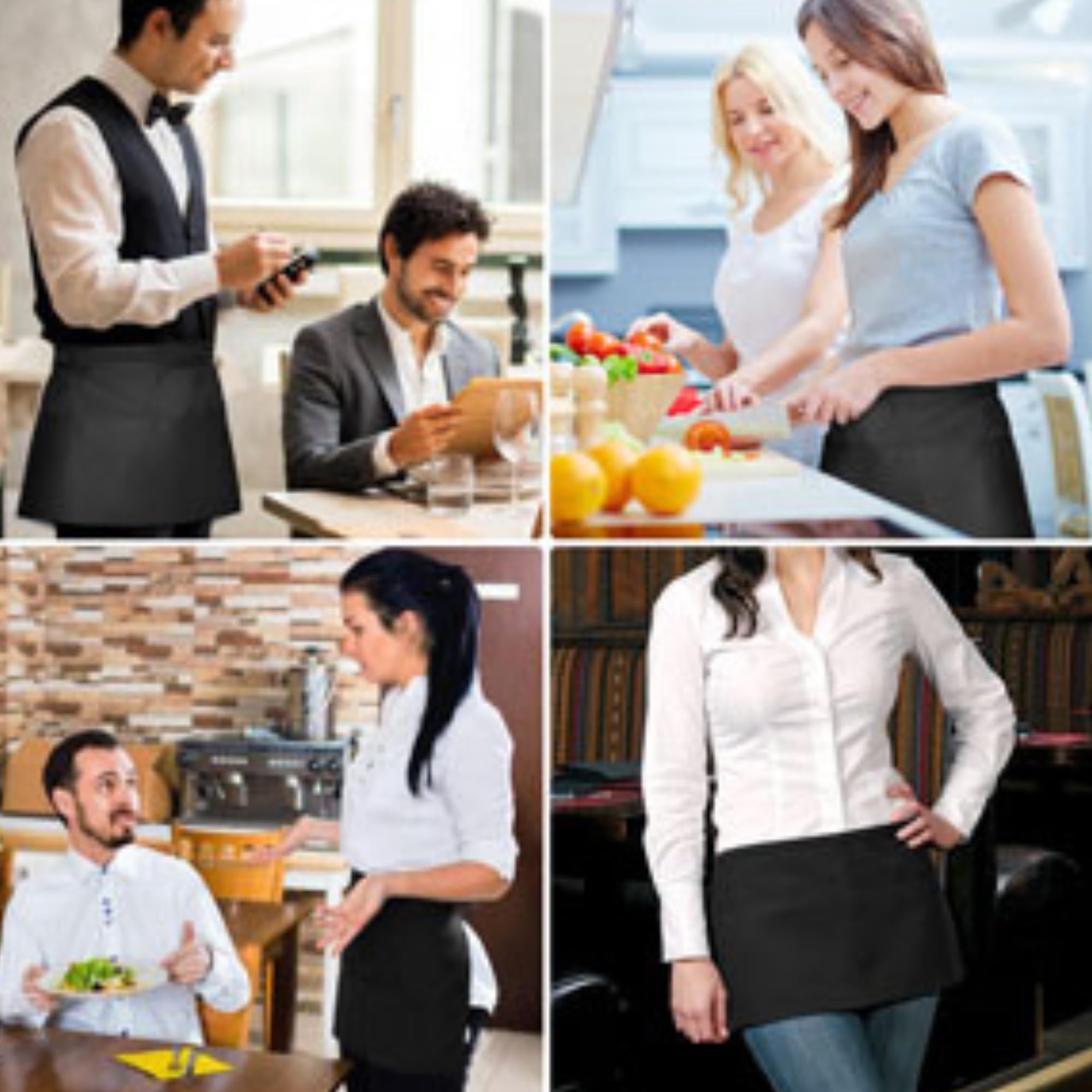 Delantal de cintura negro para camarero, Delantal Trabajo, Delantal Camarera, con 2 bolsillos, para restaurante, jardinería, para hombres y mujeres, Negro, Taille unique