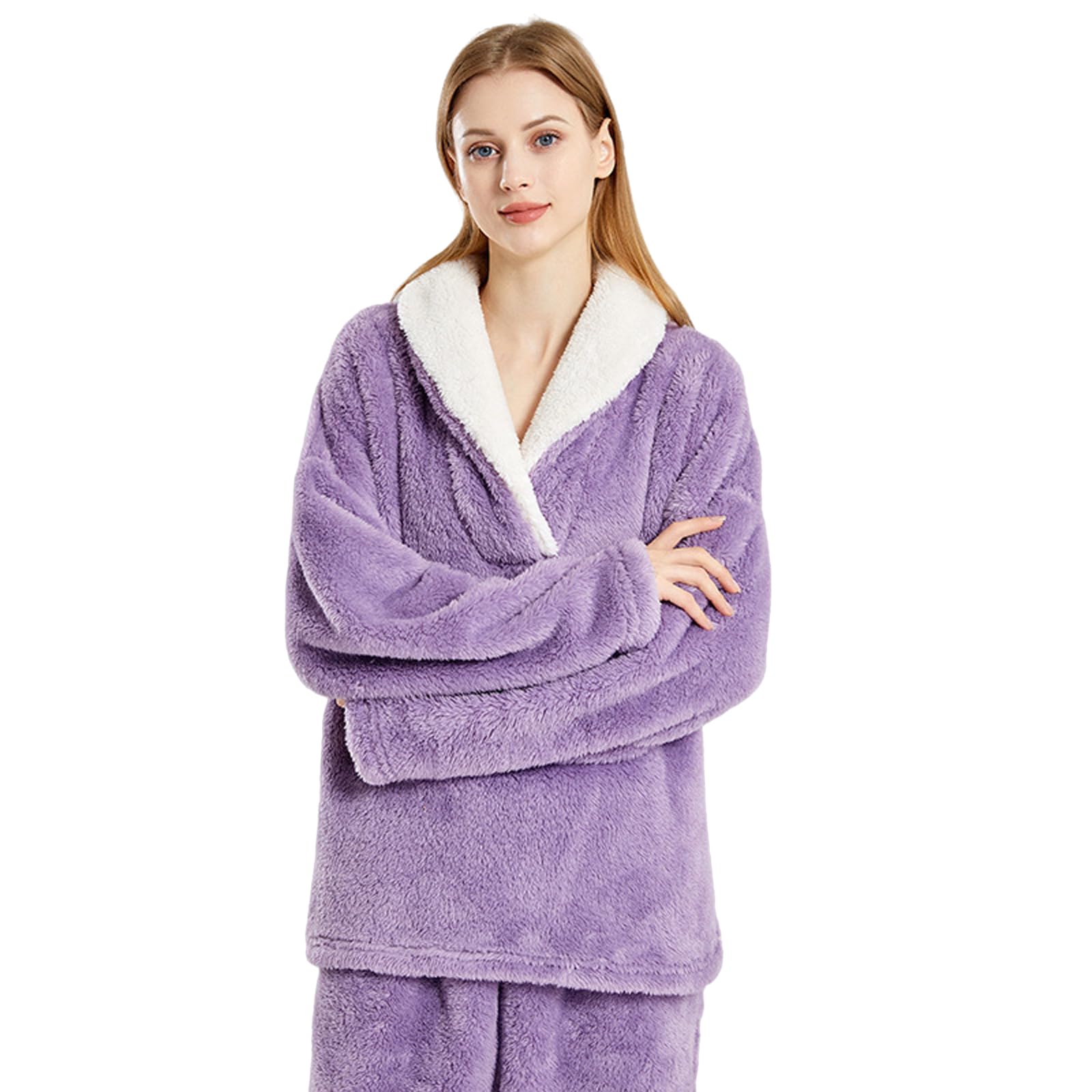Pyjama chaud en polaire pour femme - 2 pièces - Haut à manches longues et pantalon thermique - Avec poche