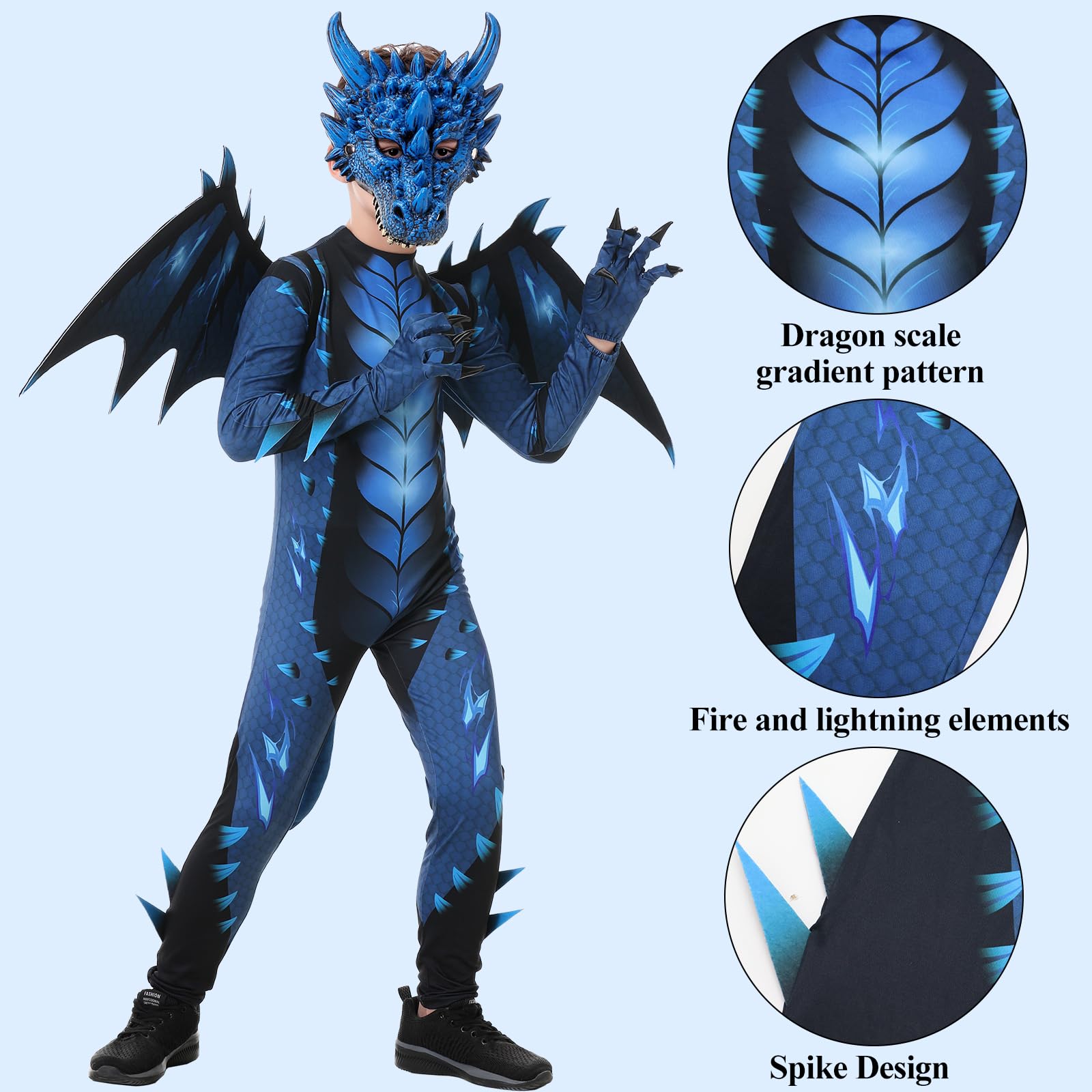 Heionia Dragon Costume Children's Dragon Costume with Wings Masks for Boys Girls Dragon Cosplay Set for Carnival Halloween Theme Party Fancy Dress (Blue - Image 3