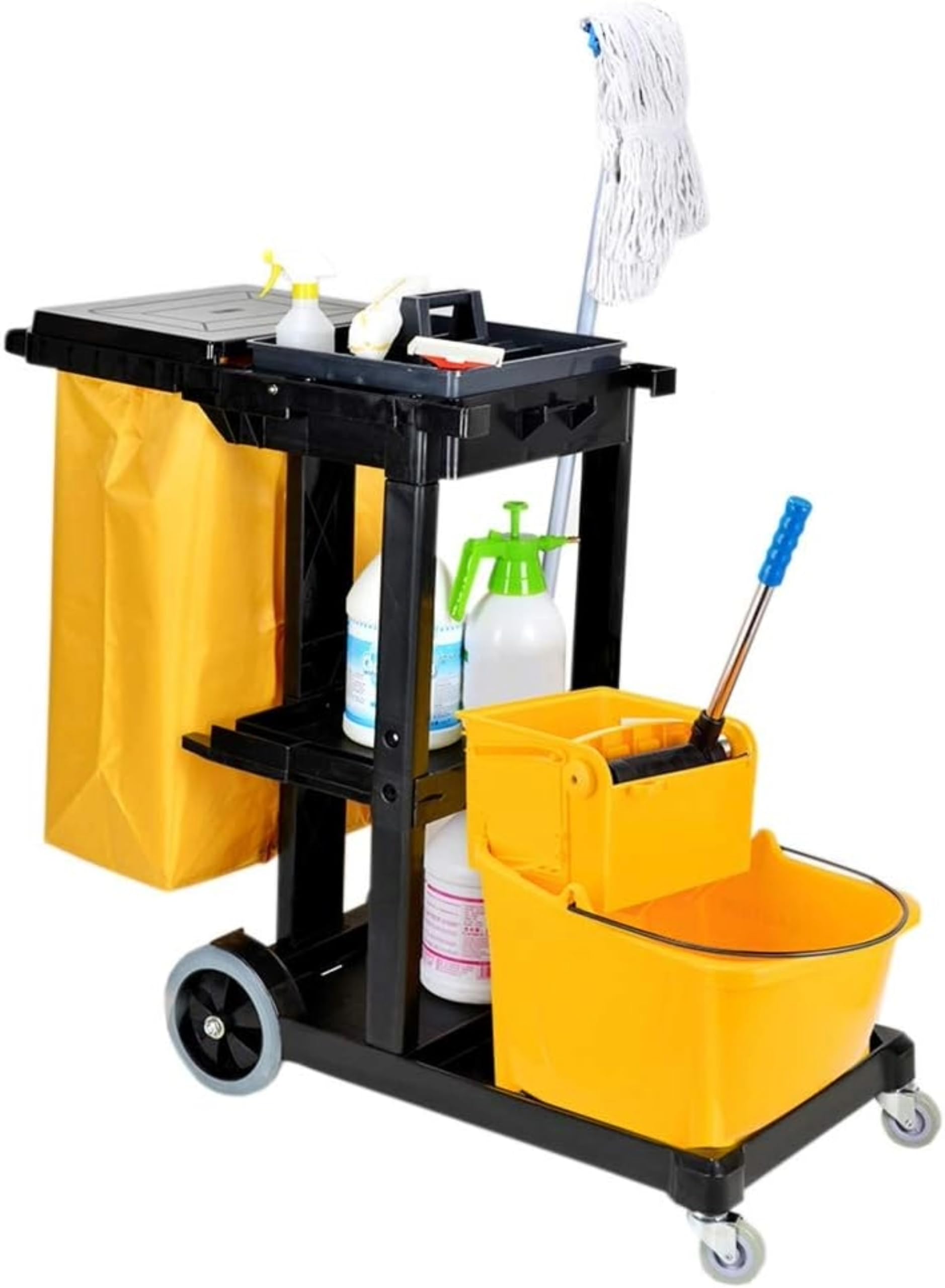 Amber Home Janitorial Cart Utility Cart Housekeeping Cart with Lid & Detachable Bag Heavy Duty 3 Shelf Cleaning Cart Cleaning Trolley for Restaurant, Hotels, Commercial, Industrial & Hospitality Black