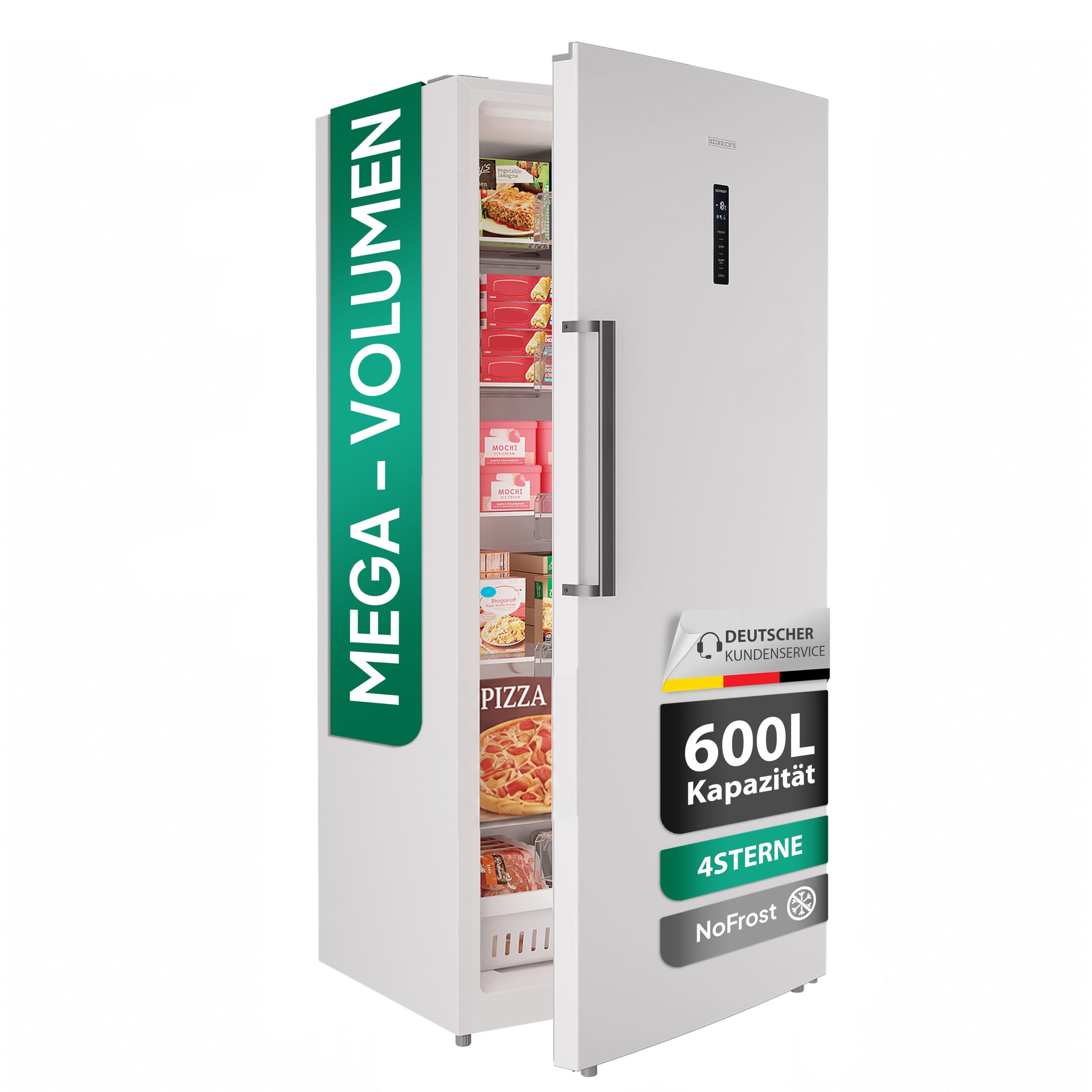 Heinrich´s Gefrierschrank, 600L XXL Freezer, No-Frost Schutz, 1x Gefrierschublade, 5x Glasböden, LED-Display, wechselbarer Türanschlag, Alarmfunktion, Temperatur: -18°C Elektro-Großgeräte