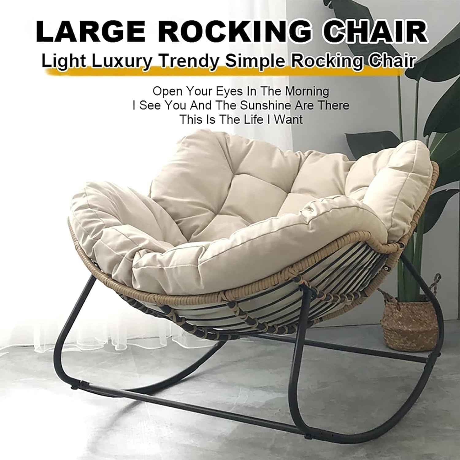 Sedia a Dondolo da Giardino Gigante per Adulti, Comode Sedie Papasan in Vimini, Sedia a Uovo per Esterni, con Morbido Cuscino Spesso per Interni, Grande, Patio, Soggiorno, Camera da Letto