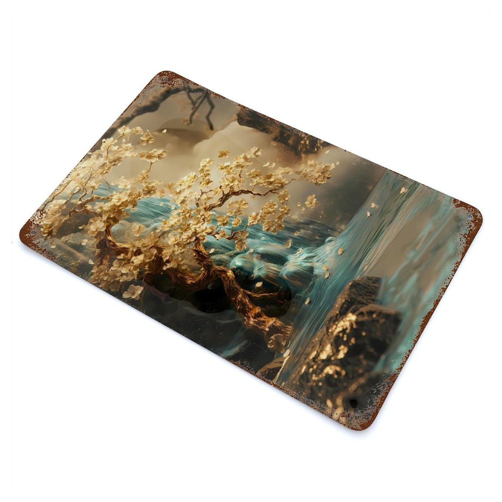 Golden Tree of Harmony Cherry Blossom Decorative Tin Sign 11.8"x7.9", Ideal for Garage, Bar And Workshop Decor