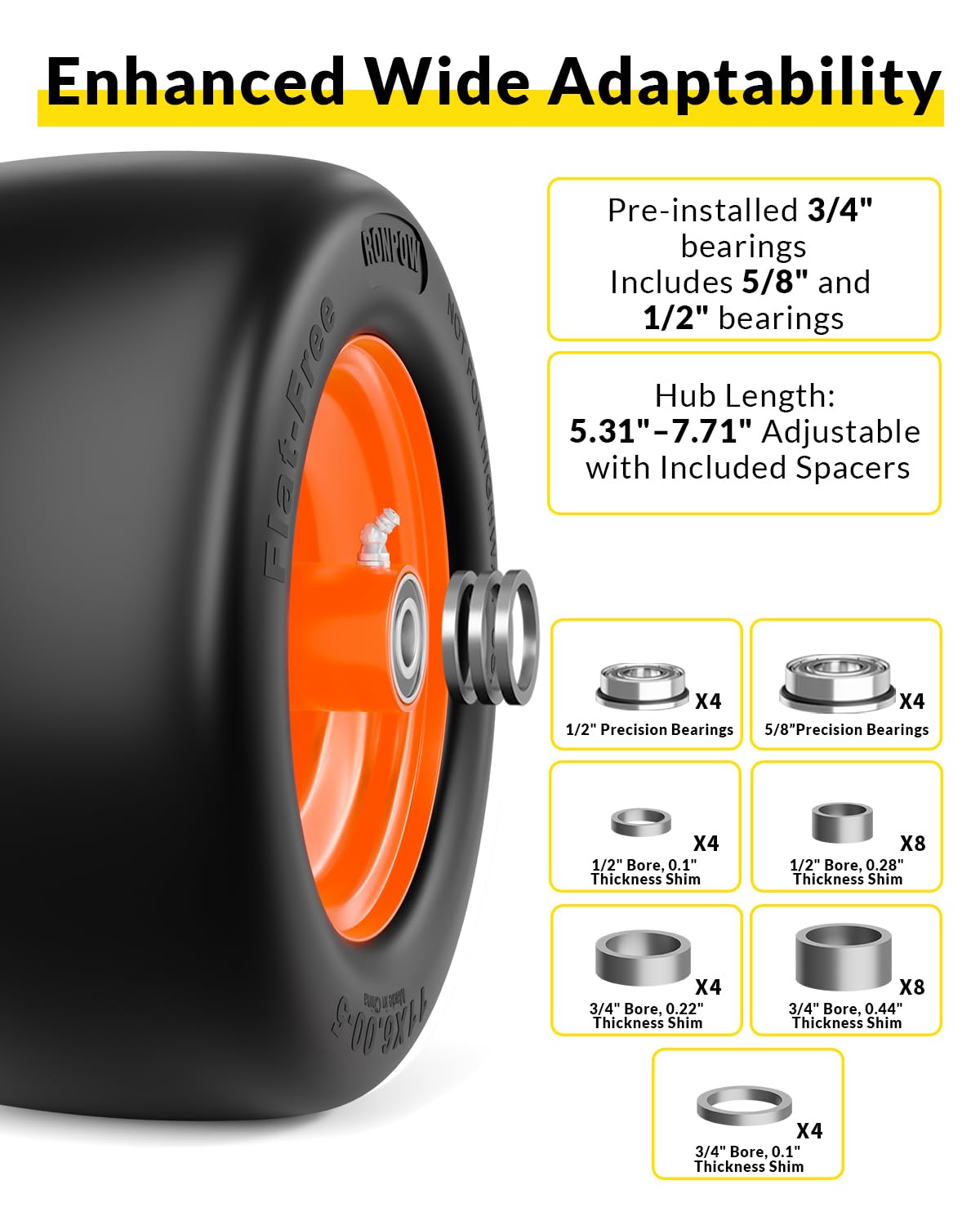 RONPOW Neumático y rueda para cortacésped de 11 x 6.00-5, neumáticos delanteros sólidos de 11 x 6 x 5 para cortacésped de giro cero, carga de 400 libras, rodamientos de 0.75 pulgadas, 0.63 pulgadas y