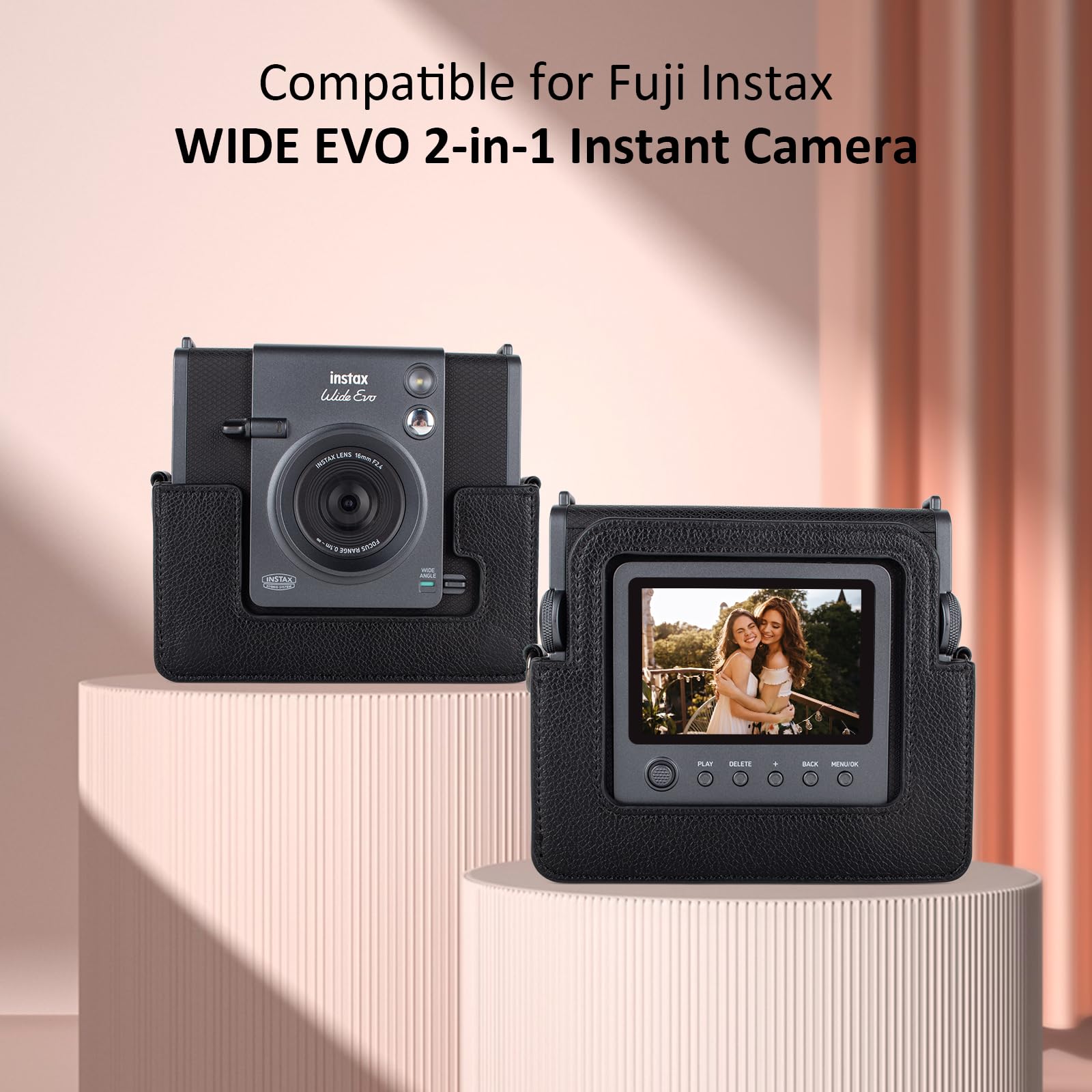 Custodia Instax Wide EVO, cover protettiva compatibile con la fotocamera istantanea ibrida Fujifilm Instax Wide EVO, custodia in pelle PU con tracolla regolabile - Nero retrò