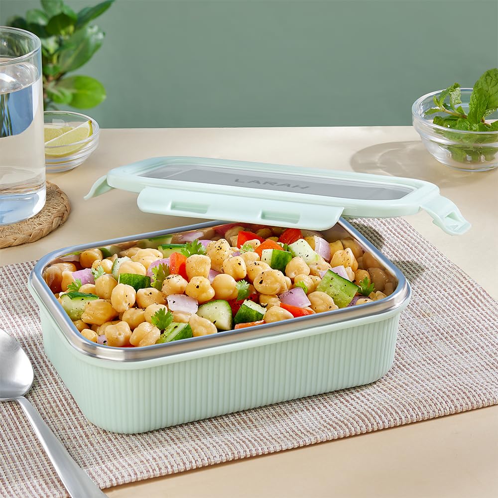 Larah by BOROSIL Freshbyte Food Storage Container with Airtight Stainless Steel Lid | Fridge Container for Lunchbox | Food Grade | Microwave Safe (Green, 600 ml, Rectangular)