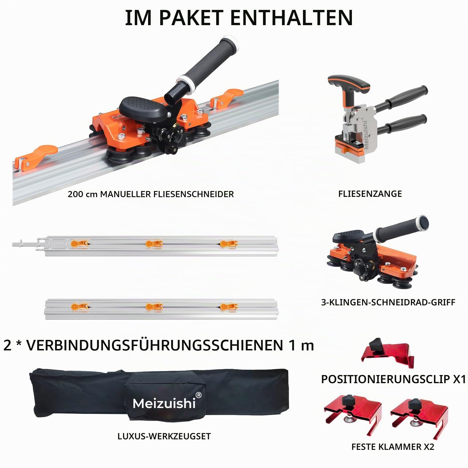 2,0 m Manueller Großformat-Fliesenschneider mit 3 Klingen, max. 12 mm | 2x1 m Schienen und Positionsklammer. Saugnäpfe für glatte Oberflächen, schraubverstellbare Griffspannung