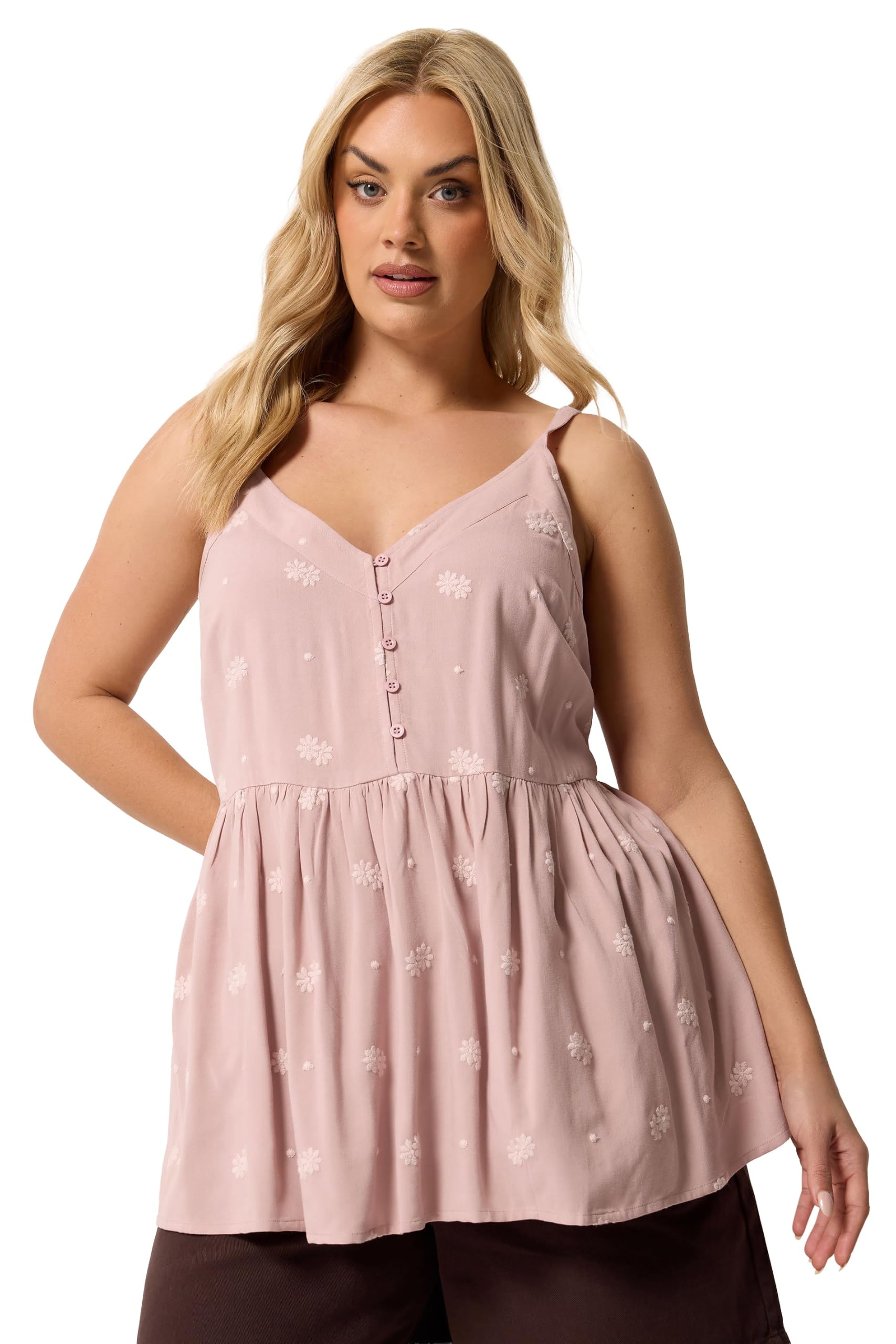 Yours Curve Pink Embroidered Button Cami Vest Top - Women's - Plus Size Curve