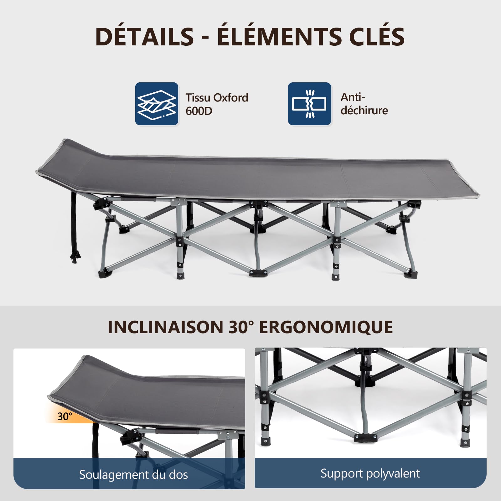 Bonnlo Lit de Camp Pliable en Acier avec Sac de Transport Lit de Camping en Oxford 600D Charge Max. Jusqu'à 150kg, Lit de Voyage Parfait pour Jardin, Camping, Plage et Intérieur, Gris, 190×71x36 cm